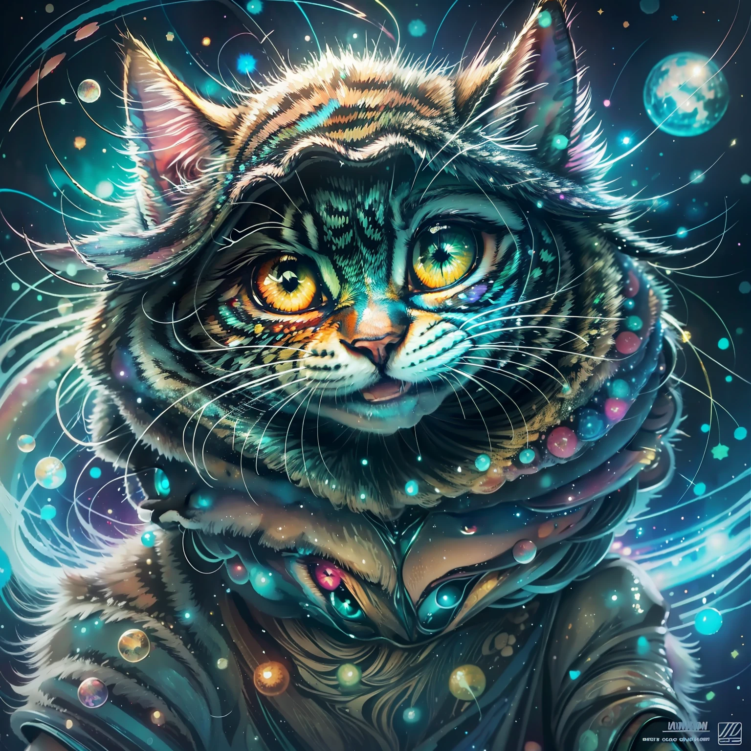 Magic Disco Cat, drop, Colorful, Happy, Stars, Space, watercolor wash, reflective eyes, Improves the eyes, Dark, glowing eyes, Anime style, Magical, Stylize under 1000, line art, rugged, Anime-style dirt, intricately-detailed, Fantasy, Concept art, Digital Art, Intricate, oil on canvas, Masterpiece, Expert, insanely detailed, Mild Negative