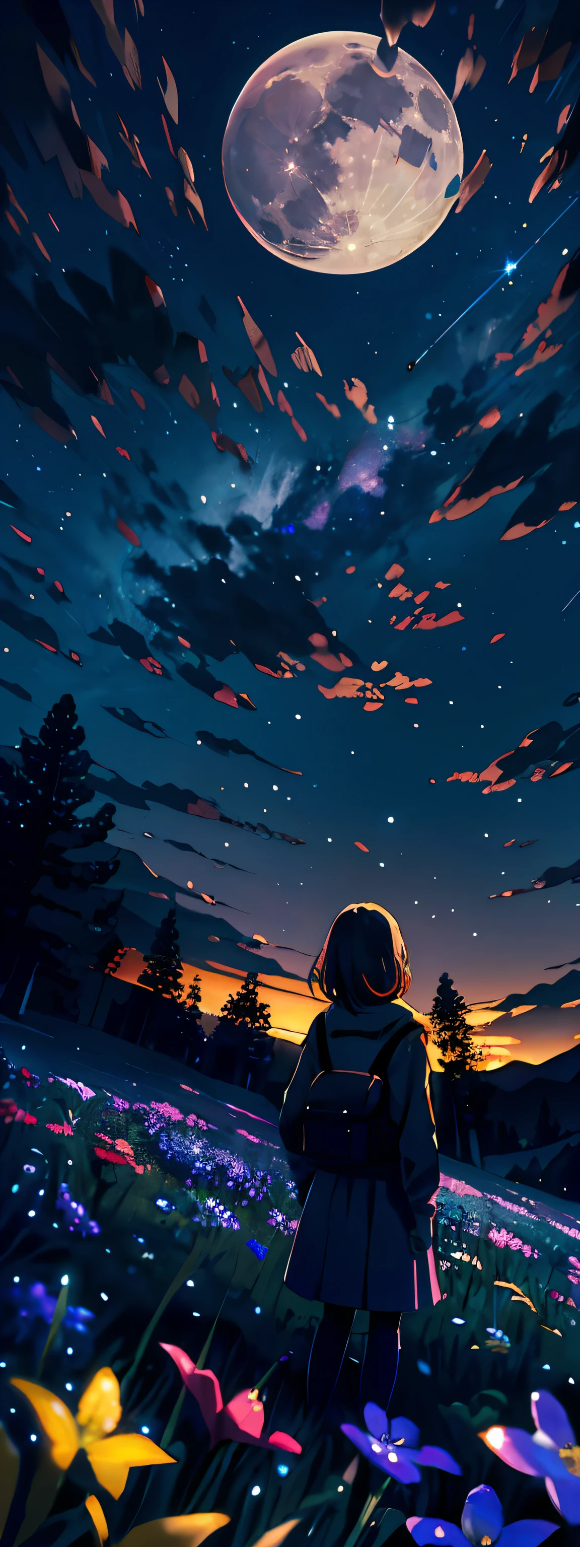 Expansive landscape photograph, (view from below with a view of the sky and the wilderness below), girl standing in a flower field looking up, (full moon: 1.2), (shooting star: 0.9), (nebula: 1.3), distant mountain, tree break production art, (warm light source: 1.2), (firefly: 1.2), lamp, purple and orange, intricate detail, volume lighting BREAK (masterpiece: 1.2), (highest quality ), 4k, ultra-detailed, (dynamic configuration: 1.4), highly detailed and colorful details (iridescent: 1.2), (sparkling lighting, atmospheric lighting), dreamy, magical, (solo: 1.2)