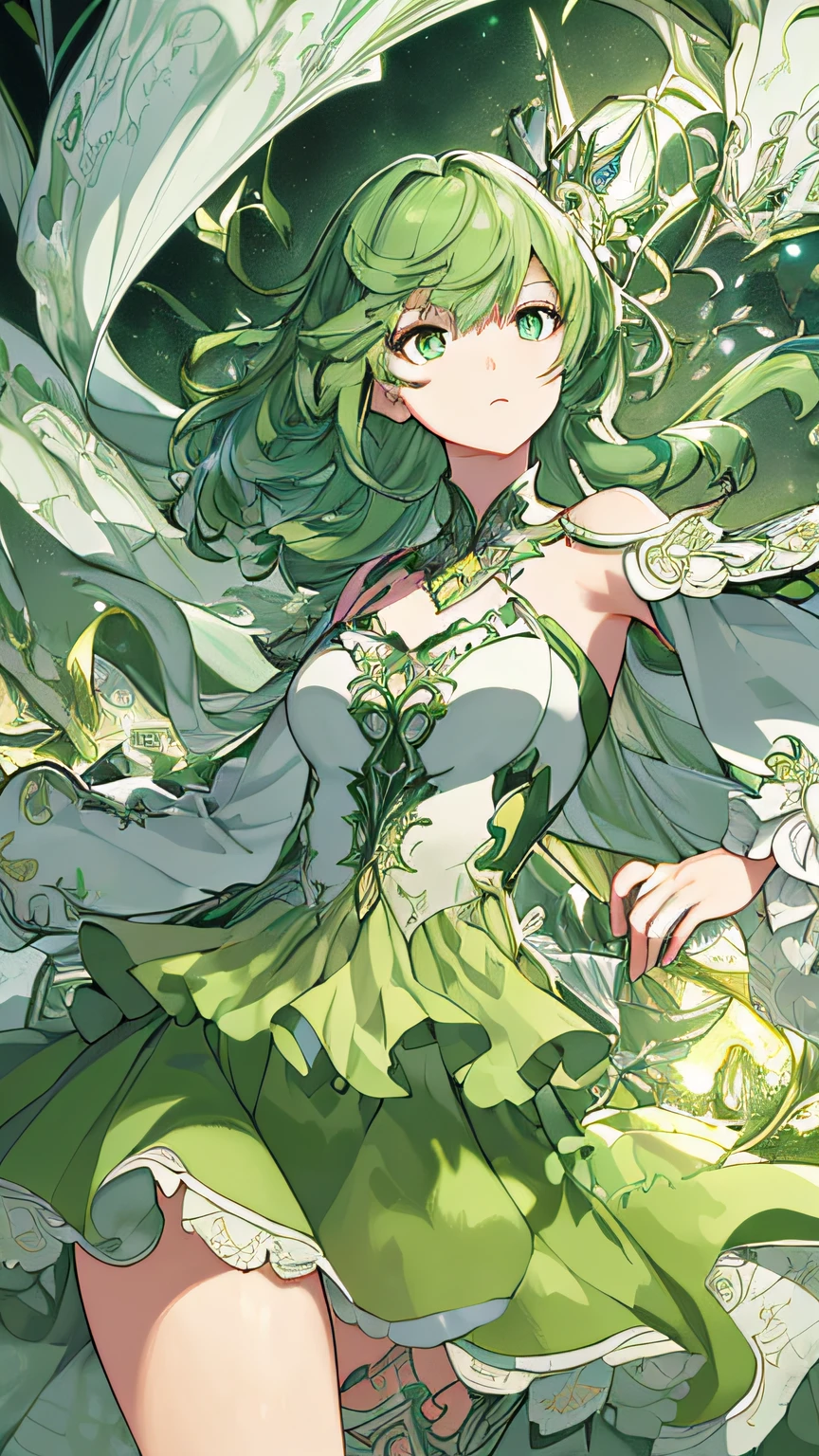 (((Masterpiece))),(((best qualtiy))),((Ultra-detailed)),(illustration),((anextremelydelicateandbeautiful)),dynamic angle,Floating,(beatiful detailed eyes),(detailedlight) (1girll), Solo, Floating_Hair,glowing light eyes,Green hair,green-eyed, double tails, halterdress, atdan, Green background,