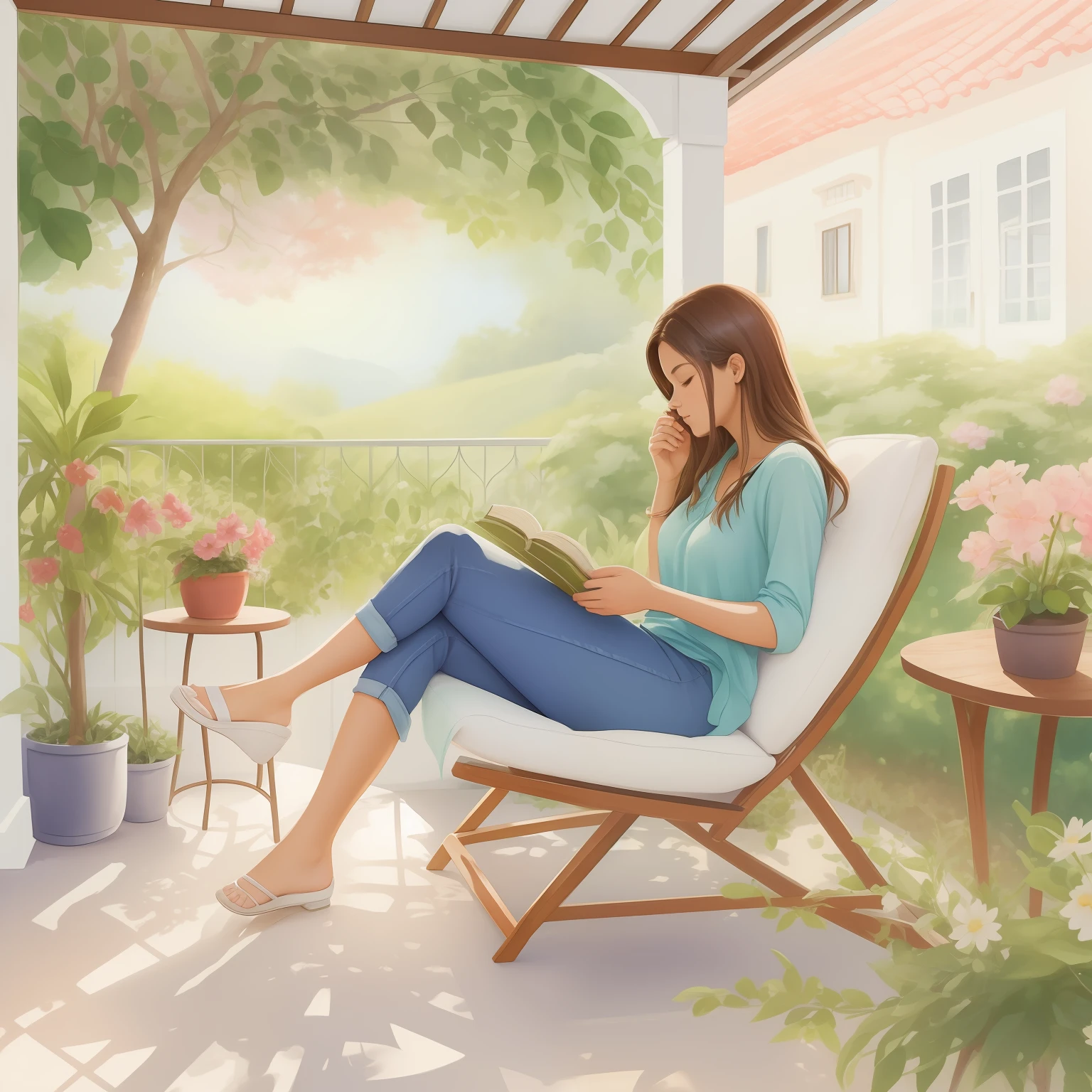 a watercolor painting of a woman sitting in a chair reading a book and sipping coffee, arte conceitual relaxante, fundo aconchegante da casa, sentado no jardim, summer afternoon, Papel de parede aconchegante, sentado com flores, pintura realista da menina bonito, in a comfortable chair, sentada em seu quarto, Hangout da tarde, fanart detalhado, Fanart oficial, lugar aconchegante, Estilo de desenho bonito, cozy cafe background, dreamy illustration