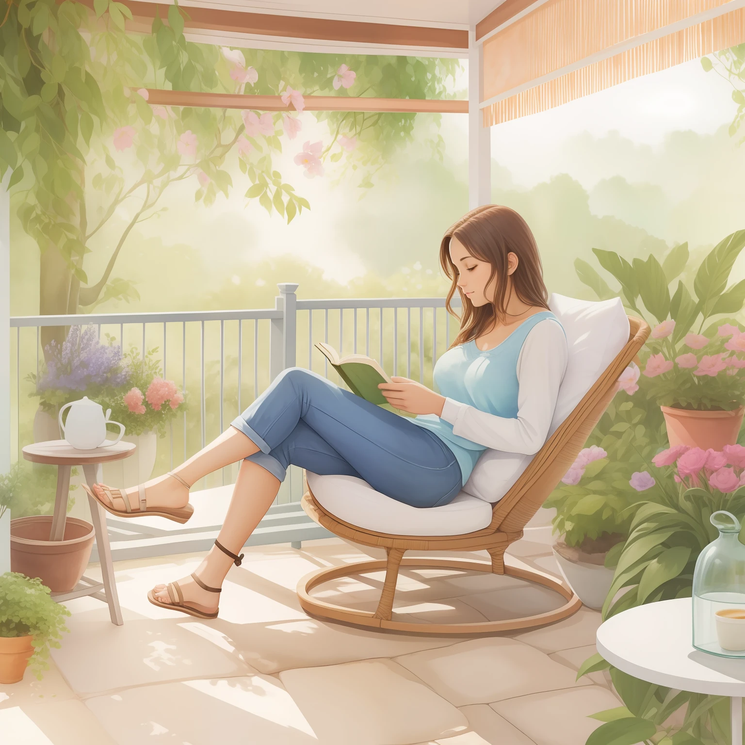 a watercolor painting of a woman sitting in a chair reading a book and sipping coffee, arte conceitual relaxante, fundo aconchegante da casa, sentado no jardim, summer afternoon, Papel de parede aconchegante, sentado com flores, pintura realista da bonito, in a comfortable chair, sentada em seu quarto, Hangout da tarde, fanart detalhado, Fanart oficial, lugar aconchegante, Estilo de desenho bonito, cozy cafe background, dreamy illustration