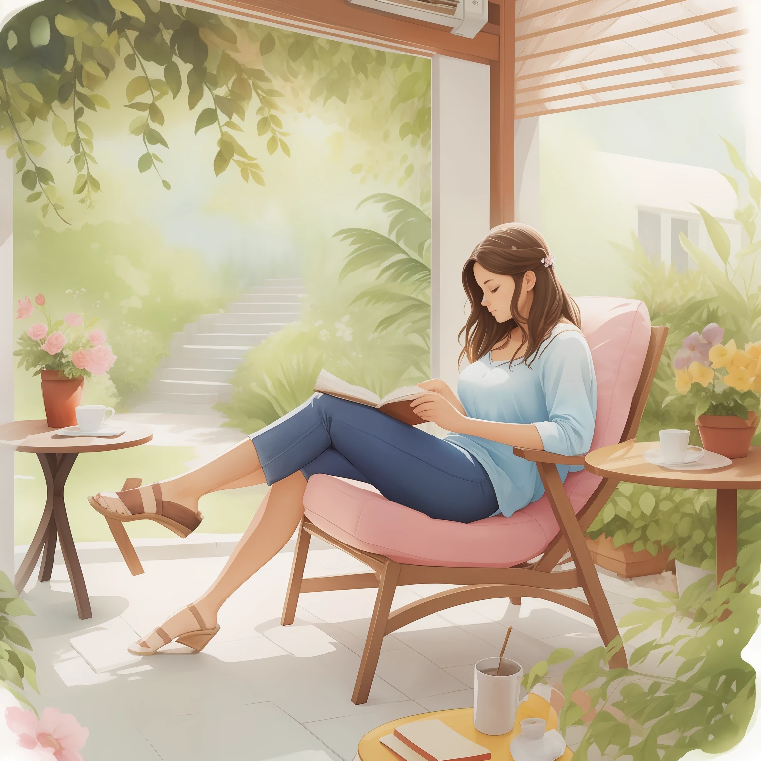 a watercolor painting of a woman sitting in a chair reading a book and sipping coffee, arte conceitual relaxante, fundo aconchegante da casa, sentado no jardim, summer afternoon, Papel de parede aconchegante, sentado com flores, pintura realista da menina bonito, in a comfortable chair, sentada em seu quarto, Hangout da tarde, fanart detalhado, Fanart oficial, lugar aconchegante, Estilo de desenho bonito, cozy cafe background, dreamy illustration