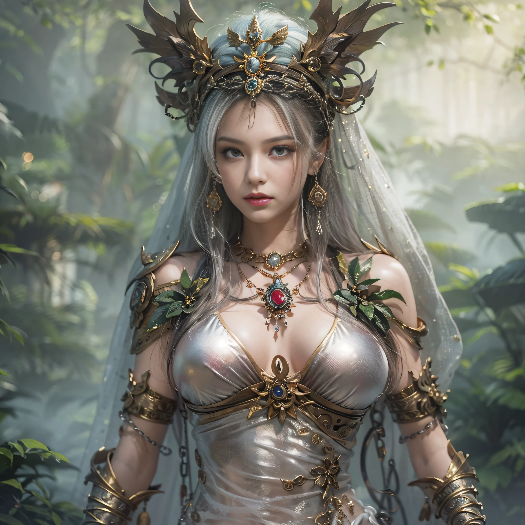 ((masterpiece)、(top-quality)、(reallistic))、beautiful queen:1.4、Bondage style、latex shiny、By Luis Royo:1.4、1girl in、Sexy Daughter、Attractive earrings with impressive beauty、a choker、a necklace、piercings、(Super beauty)、Super Ultra Ultra Bikini、standingn、fullllbody:1.4、(Beauty in return)、Fantastic mythological landscape