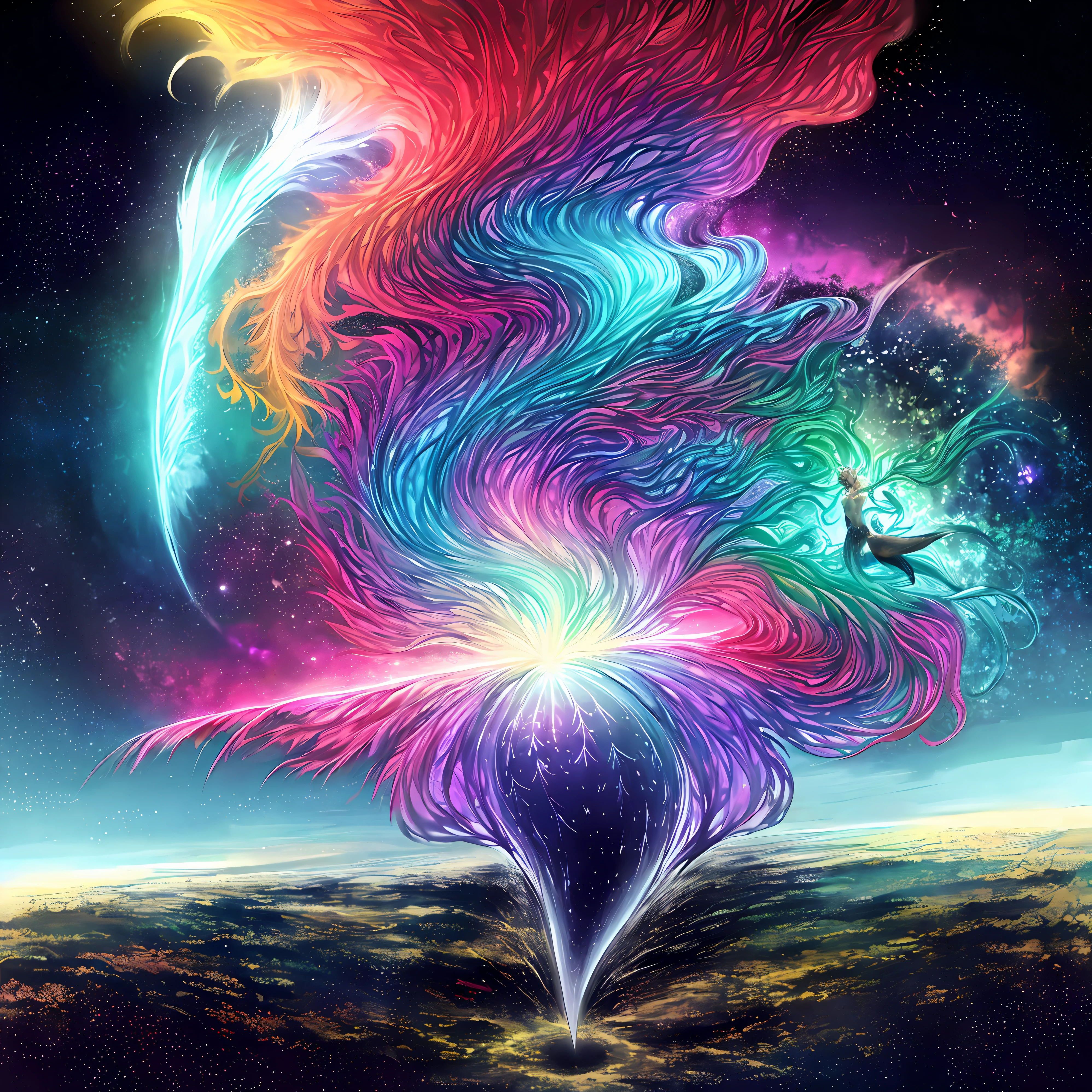 inconceivable and spectacular a scene of emergence of a mermaid from the glowing cloud, fractal nebula threads, cosmic entities, celestial, cosmic, vibrant and vivid, swirls, twirling, unrealistic, high contrast, symobolism, magical, mystical, mystifying, hyperrealistic, oversaturate, colorfully