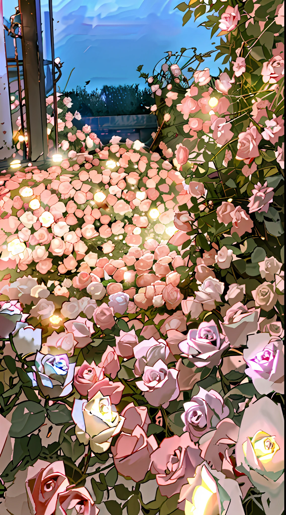 Many pink roses grow underground, rose pink lighting, an aesthetic field of flowers, roses in cinematic light, portal made of roses, Glowing flowers, rosette, lights with bloom, laying on roses, soft light 4 k in pink, rosses, Flower beds on the floor, Beautiful and aesthetic, Soft glow, exploding roses, Rose garden