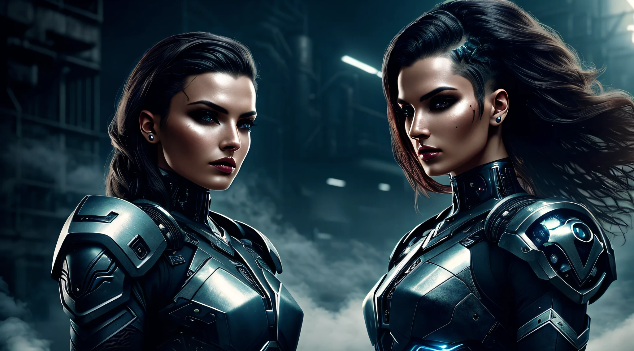 a beautiful woman cyborg warrior in the Style-RustMagic, cyberpunk augmentation, cyberware, cyborg, carbon fiber, chrome, implants, metal skull, cyber plate armor, (dark atmosphere:1.2), (fog & smoke), (dark night:1.3), scars, (dark medium length disheveled hair:1.1), (eyeshadow:1.1), (beautifully detailed glow:1.2), (Cinematic lighting), intricate detail, highres, rounded eyes, detailed facial features, sharp focus, smooth, aesthetic, detailed dark industrial factory background, stylish pose, dynamic pose, (dramapaint), (opt-6000:0.9)