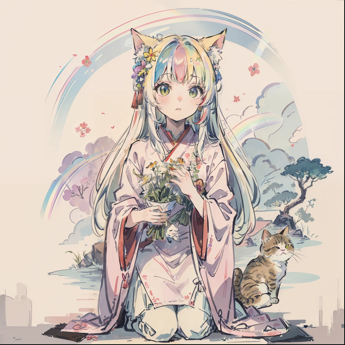 (Best quality1.2、masutepiece)、Yumekawa、Lots of flowers、A stunning、Take a cute cat、kawaii、White hair(rainbow-colored hair)