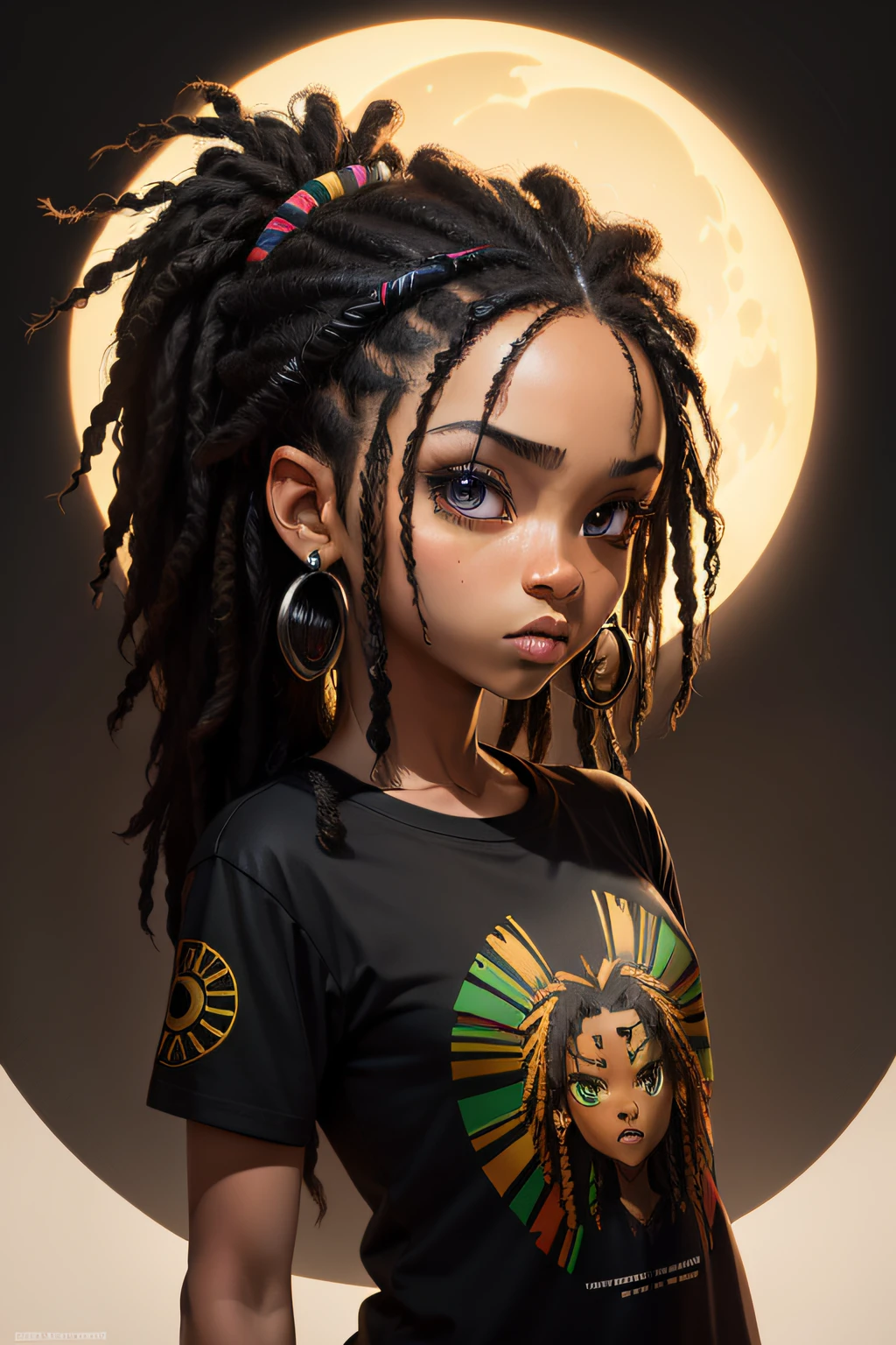 t-shirt art, 2D, ((black background :1, 5)), vector, vivid colors, chibi rasta outfit character, masterpiece, best quality, intricate details, perfect symmetrical face, realistic details, gothic theme, rim light, moonlight, cinematic shading, Greg Rutkowisk