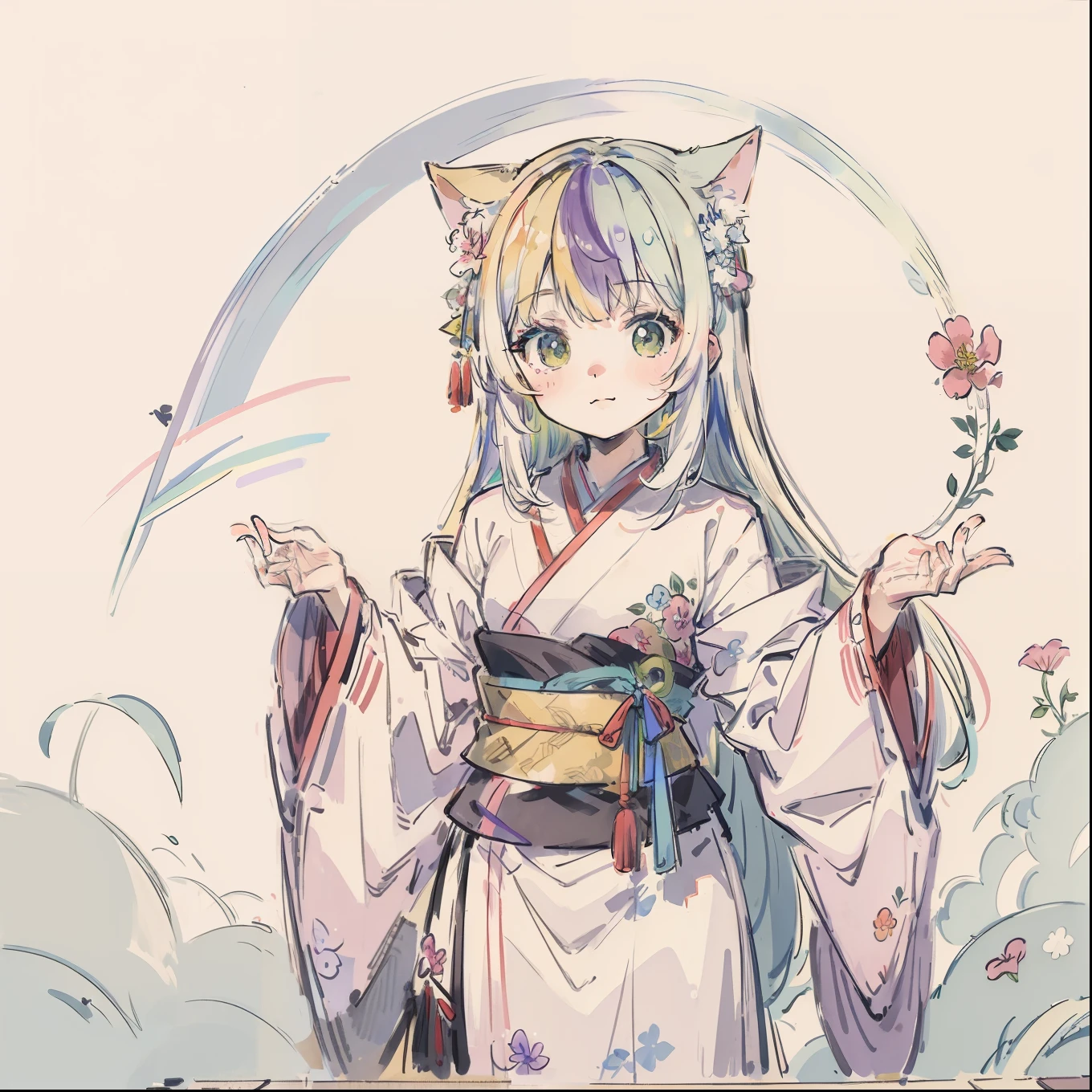 (Best quality1.2、masutepiece)、Yumekawa、Lots of flowers、A stunning、Take a cute cat、kawaii、White hair(rainbow-colored hair)