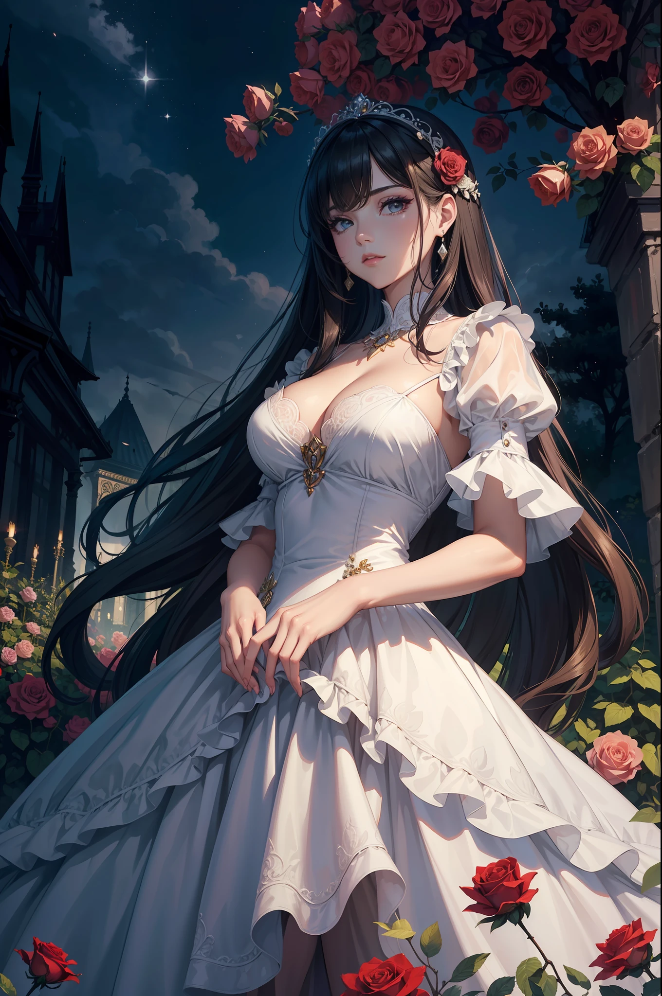 The most beautiful rose bush imaginable and an incredibly elegant young woman, superbly hairstyled, Espectacularmente maquillada y con un vestido deslumbrantemente en colores dorados, negros y grises fabuloso. In a dream garden on a magical night. (obra maestra) (mejor calidad)