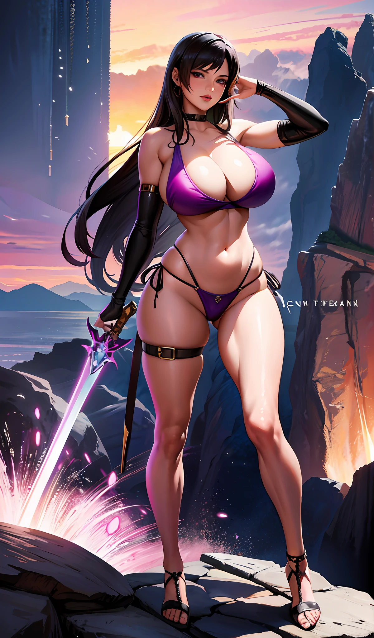 arafed woman in a purple bikini holding a sword and posing, extremely detailed artgerm, ig model | artgerm, seductive tifa lockhart portrait, 2. 5 d cgi anime fantasy artwork, wlop and artgerm, artstation masterpiece, cushart krenz key art feminine, style ivan talavera and artgerm, tifa lockhart, huge breasts
