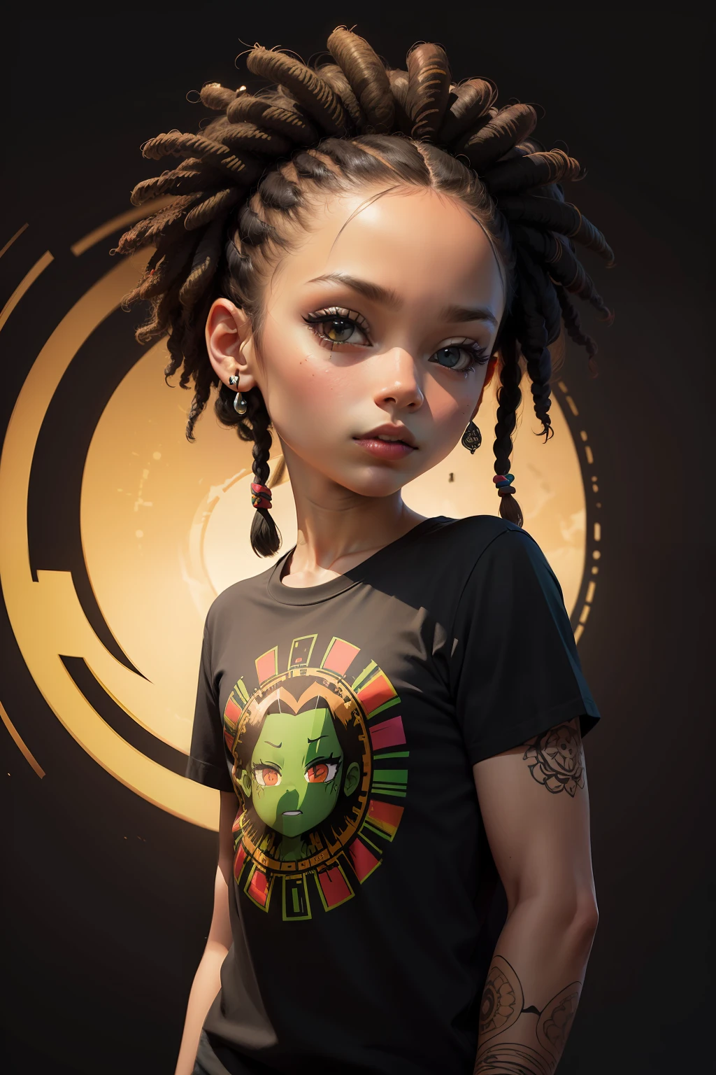 t-shirt art, 2D, ((black background :1, 5)), vector, vivid colors, chibi rasta outfit character, masterpiece, best quality, intricate details, perfect symmetrical face, realistic details, gothic theme, rim light, moonlight, cinematic shading, Greg Rutkowisk
