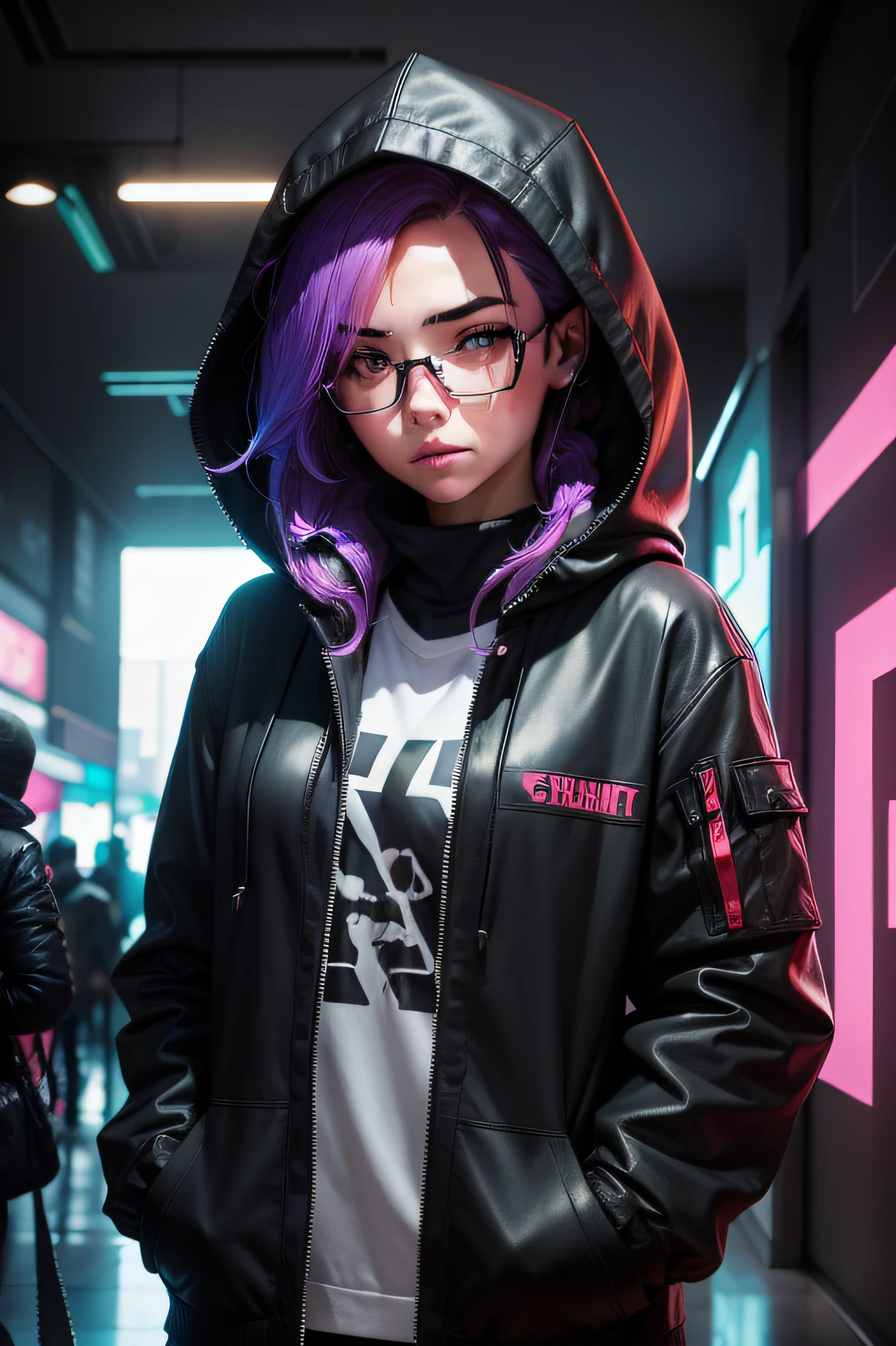 I want a female character with an intellectual style hood, half dark and with her hands in her pocket, half cyberpunk