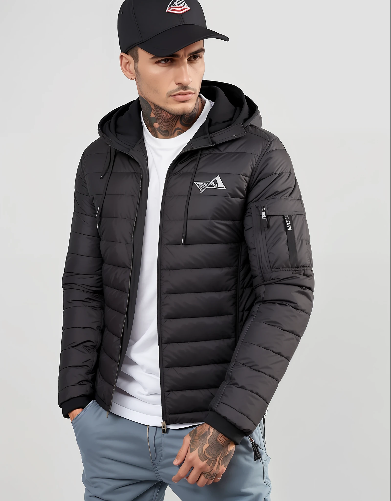a jaqueta com capuz da face norte em preto, modelo usa jaqueta puffer, um homem vestindo uma jaqueta preta, jaqueta puffer, suit jacket, wearing jacket, em um moletom preto, delicioso, roupas esportivas, wearing jeans and a black hoodie, inspired by Slava Raškaj, Inchado, roupas esportivas, jaqueta sobre tronco nu, vestindo uma jaqueta preta extravagante