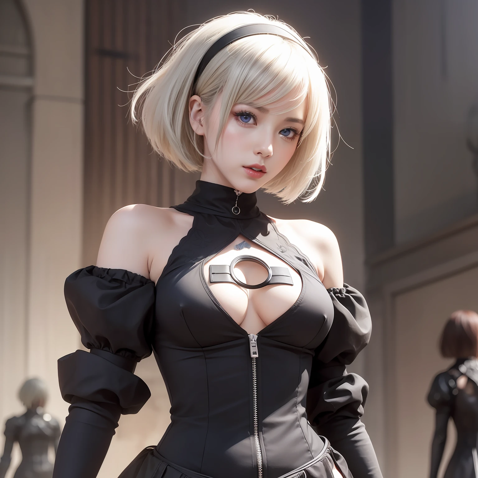 The nipple is visible、Show the pubic area、pubick hair、toppless、Show the pubic area、no-bra、No panties、sensual breasts、Show your butt、Nier Automata、Yoruha Different。 2 Type B、女の子1人、wlop、2b、shairband、Hi-Res、Nier(Series)、Nier Automata、red-lips、Shaded face、short-hair、独奏、high-necked、Ash hair、Blue eyes