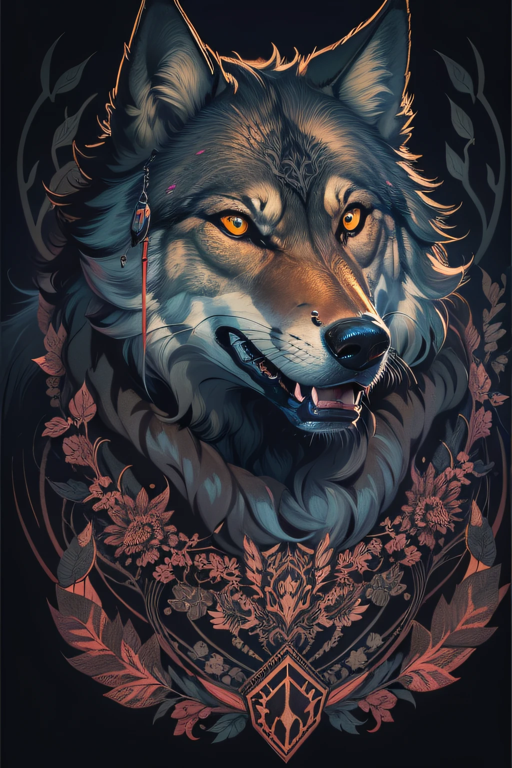 t-shirt art, 2D, ((black background :1, 5)), vector, vivid colors, wolf, masterpiece, best quality, intricate details, realistic details, rim light, moonlight, cinematic shading, Greg Rutkowisk