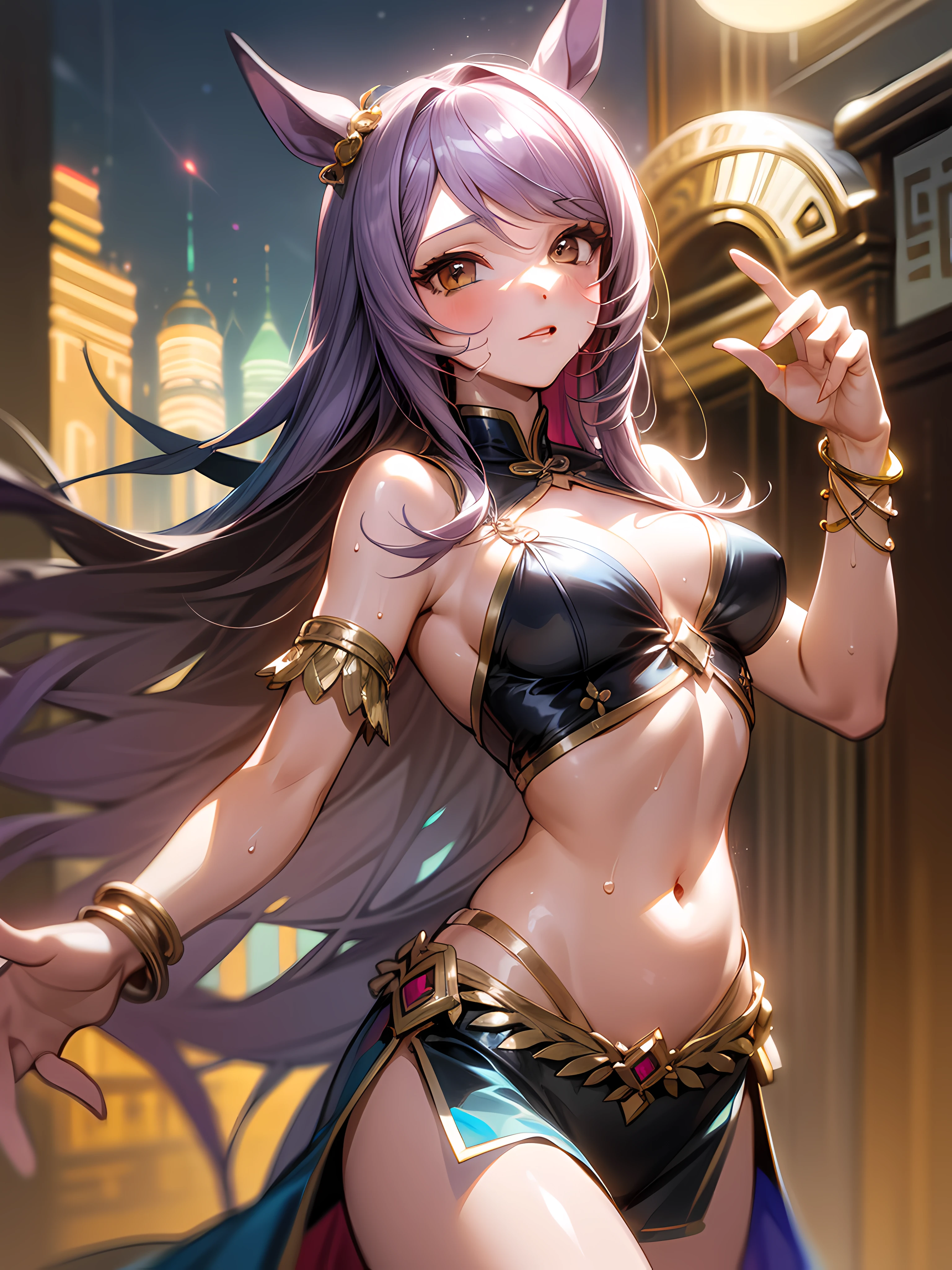 Mejiro Palmer \(umamusume\), (Masterpiece)), ((Best quality)), (Ultra-detailed), illustration, beautiful art, Artistic, Realistic, ((Unity 8k wallpaper)), Beautiful, ((超高分辨率)), well-composed, good art, scenery, Cinematic, Detailed skin, (Oily skin), Glossy glossy skin, Fine skin, Beautiful face, (Beautiful hair), (Beautiful brown eyes), hand with five delicate fingers, (Perfect anatomy), (correct limb), (Realistic), Medium breast, (A ), Midsummer, (Sweaty), (belly dance), Belly dance costumes, inns, Night style background,
