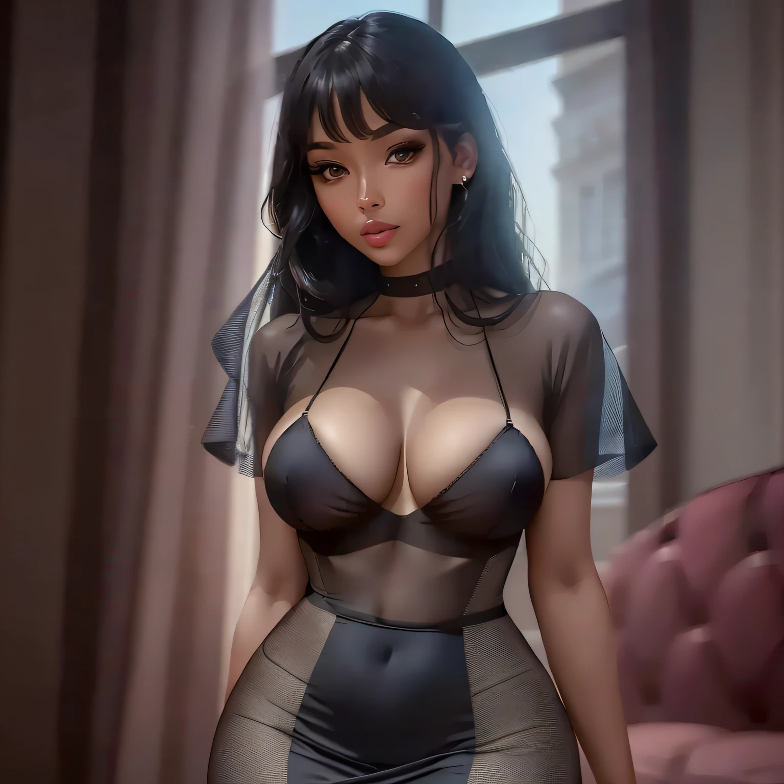 Tall slim woman in her 50s wearing a sexy little black dress with nothing under it, see through, sheer, sexy, sultry, dark hair