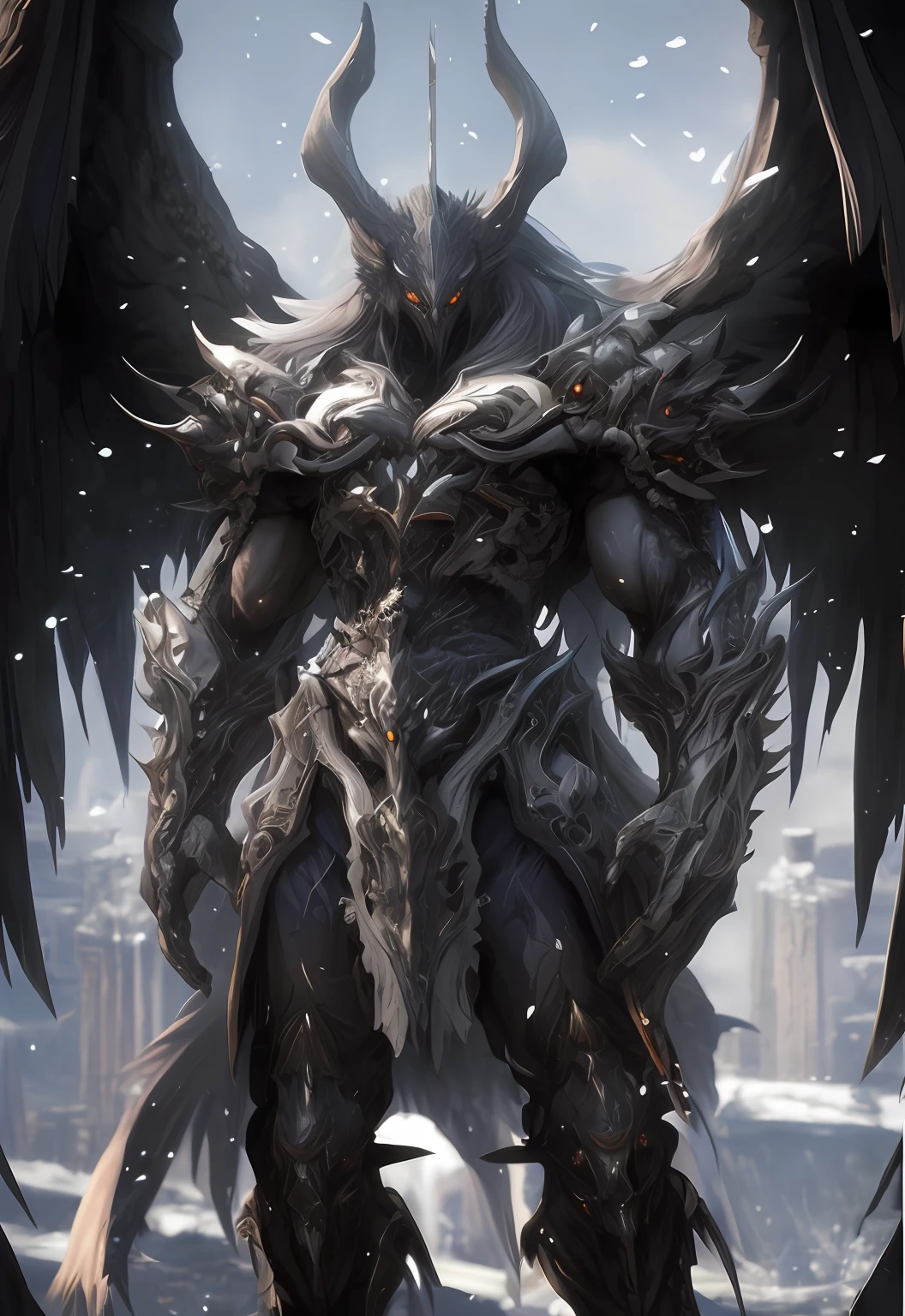 a close up of a demonic creature with wings and a sword, 4k fantasy art, by Yang J, detailed fantasy art, 8k fantasy art, darksiders style, symmetrical epic fantasy art, epic fantasy digital art style, highly detailed fantasy art, 2. 5 d cgi anime fantasy artwork, anthropomorphic raven knight, amazing 8k character concept art