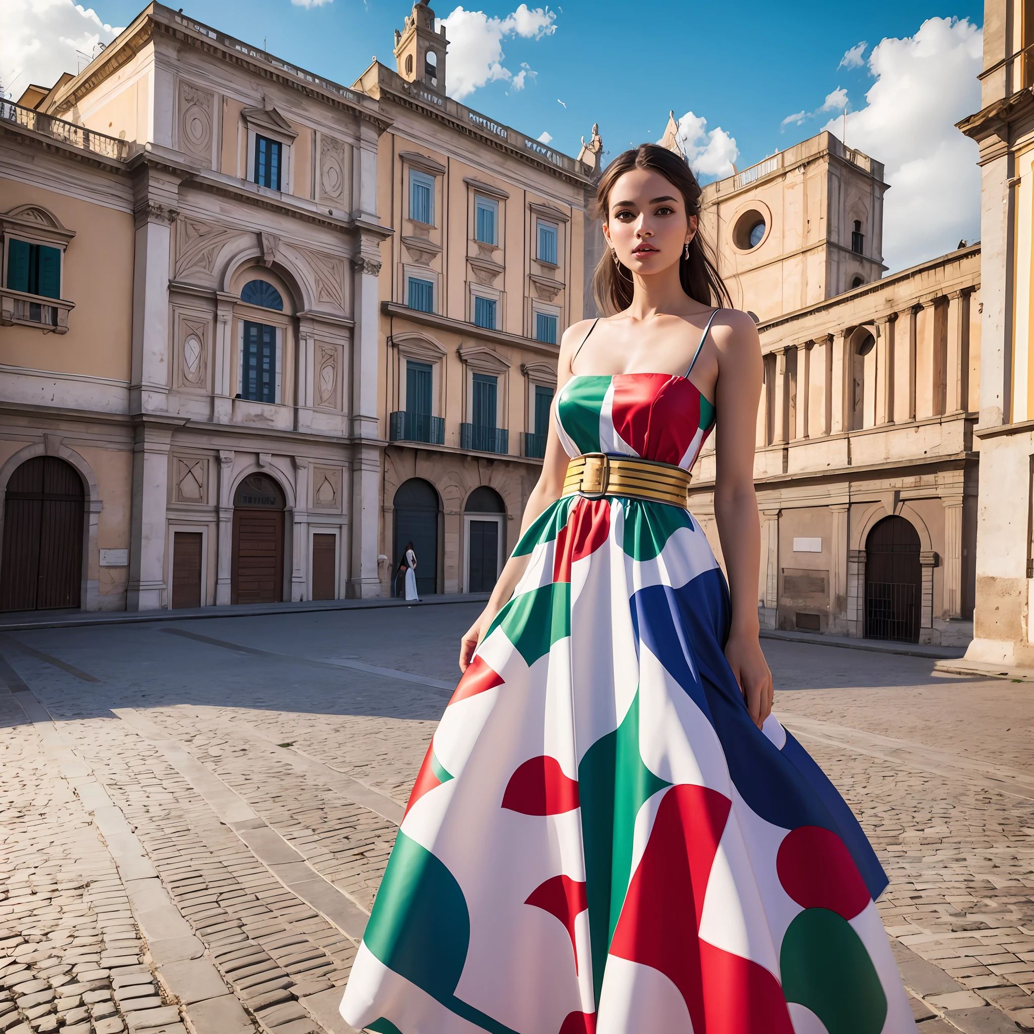 vogue model poses for a photoshoot in naples in italy at piazza del plebiscito wearing a dress patterned with italian flag