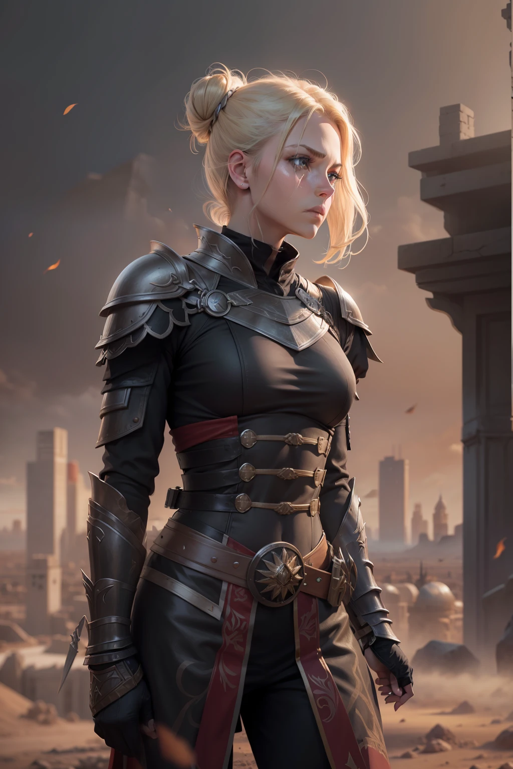realistic image of a beautiful blonde woman, light eyes and ultra detailed, strong, head in a bun, dressed in black rpg warrior outfits with silver shoulder pads, worried expression, standing on top of a building in a brown desert city