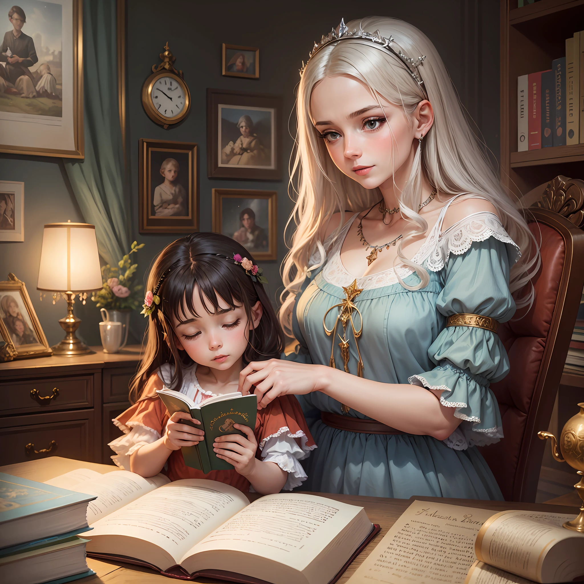 european mother reads a fairy tale to her child, by László Balogh, by Ludwik Konarzewski, by Alexander Kucharsky, by Andrzej Wróblewski, by Tadeusz Pruszkówski, by Hristofor Žefarović --auto --s2