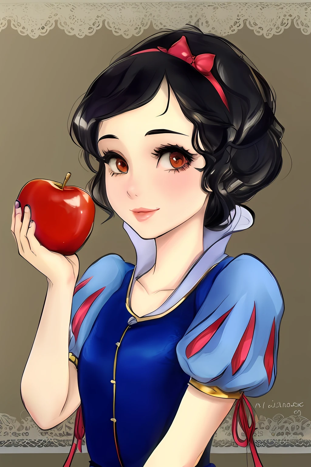 a close up of a cartoon character holding an apple, Retrato da Branca de Neve, pale snow white skin, Branca de Neve, 4K HD |. cabelos brancos de neve, princesa anime, Branca de Neve como um D & d lutador, estilo de arte disney, with apple, fanart de alta qualidade, feito com anime painter studio, high quality colored sketch, Arte Oficial, in style of disney animation