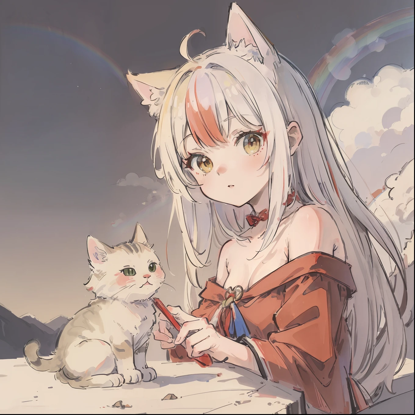 (Best quality1.2、masutepiece)、Take a cute cat、Red dress、White hair(rainbow-colored hair)、