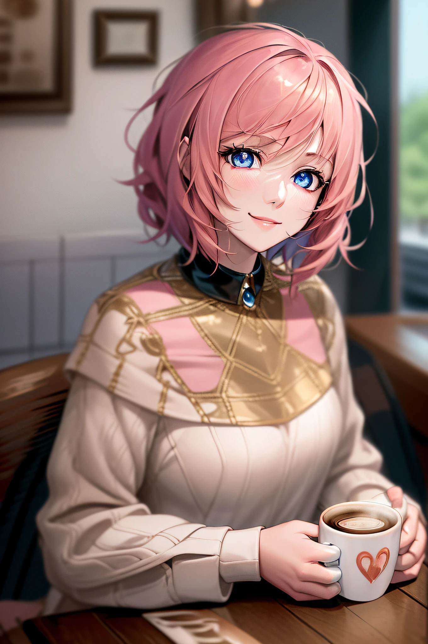 Masterpiece, best quality, high quality, close up, solo anime portrait, female, 1girl, (elegant pink outfit:1.3), (short pink hair:1.5), (sitting in a cafe, coffee cup on the table:1.5), she is stunning and super beautiful, goddess like appearance, `(gradient_light_pink_eyes:1.4), cafe vibes, calm, effeminate, JRPG art, trending on caravaggio, intrinsicated and detailed smile, looking at camera, face focus, highly-detailed, top lightning, trending on pixiv, HD digital, 32k