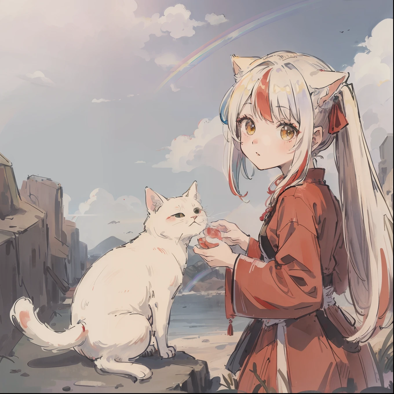 (Best quality1.2、masutepiece)、Take a cute cat、Red dress、White hair(rainbow-colored hair)、