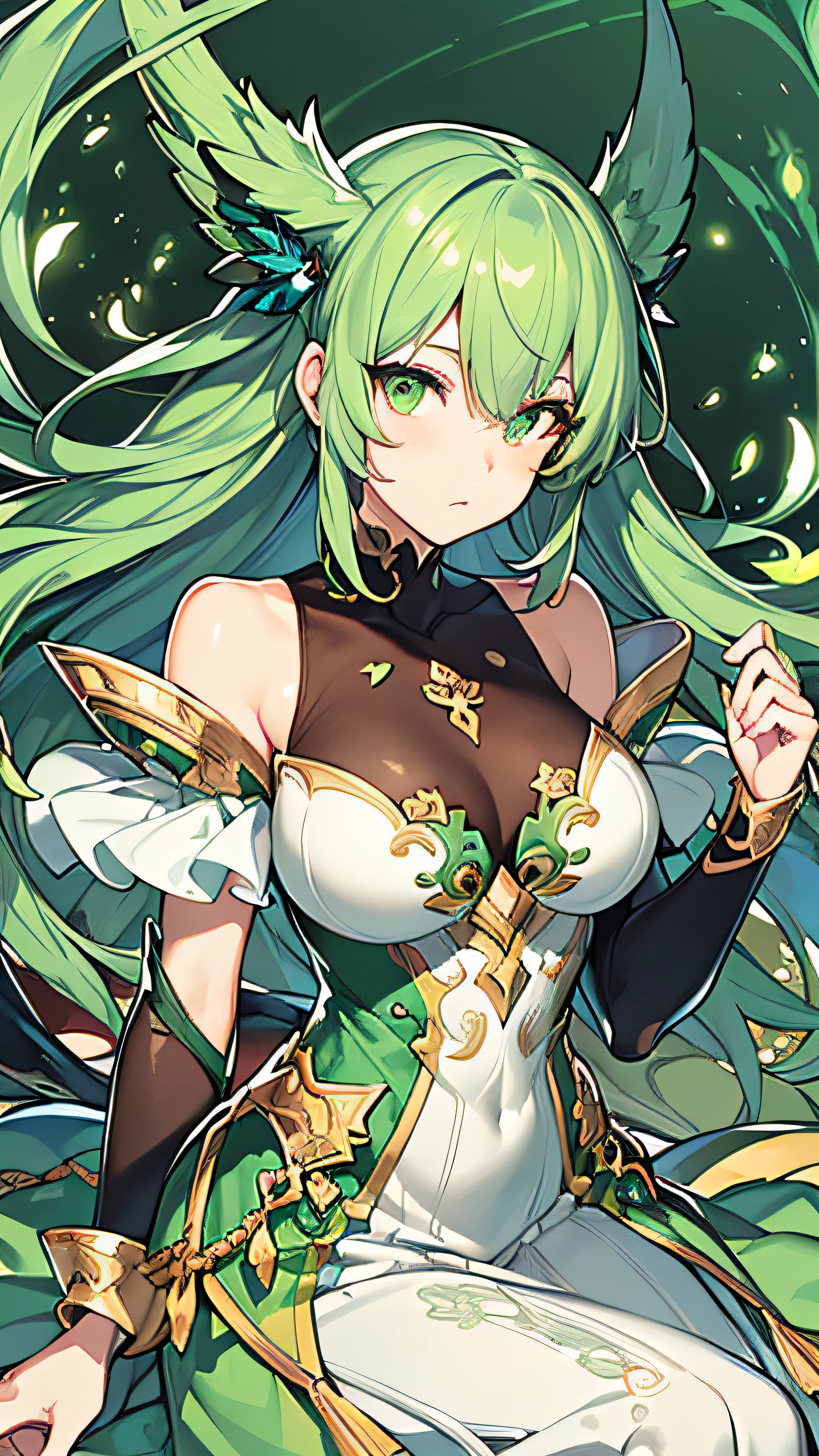 (((Masterpiece))),(((best qualtiy))),((Ultra-detailed)),(illustration),((anextremelydelicateandbeautiful)),dynamic angle,Floating,(beatiful detailed eyes),(detailedlight) (1girll), Solo, Floating_Hair,glowing light eyes,Green hair,green-eyed, double tails, halterdress, atdan, Green background,