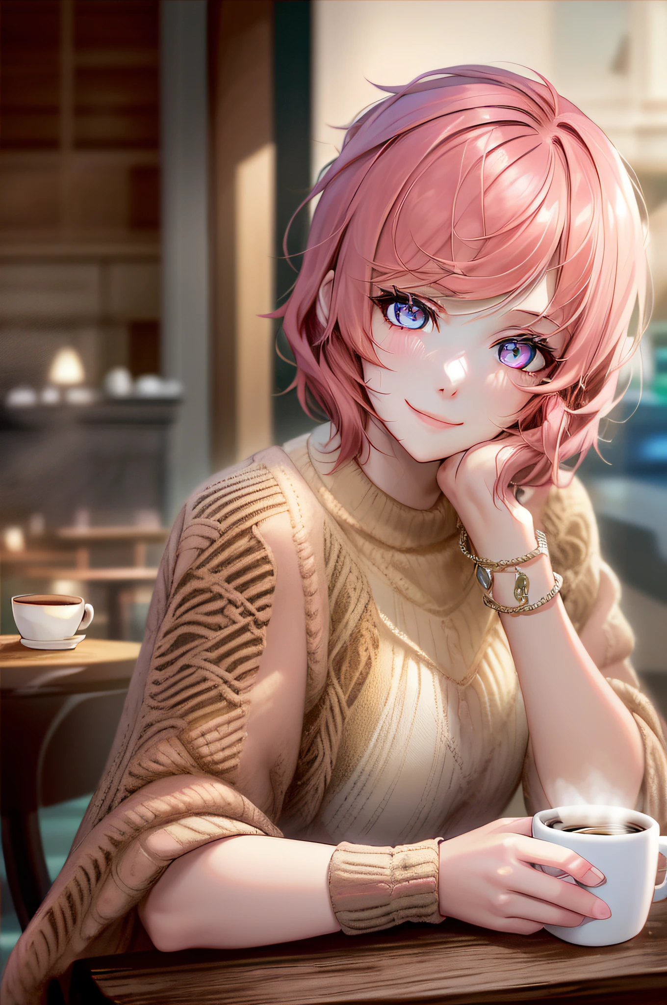 Masterpiece, best quality, high quality, close up, solo anime portrait, female, 1girl, (elegant pink outfit:1.3), (short pink hair:1.5), (sitting in a cafe, coffee cup on the table:1.5), she is stunning and super beautiful, goddess like appearance, `(gradient_light_pink_eyes:1.4), cafe vibes, calm, effeminate, JRPG art, trending on caravaggio, intrinsicated and detailed smile, looking at camera, face focus, highly-detailed, top lightning, trending on pixiv, HD digital, 32k