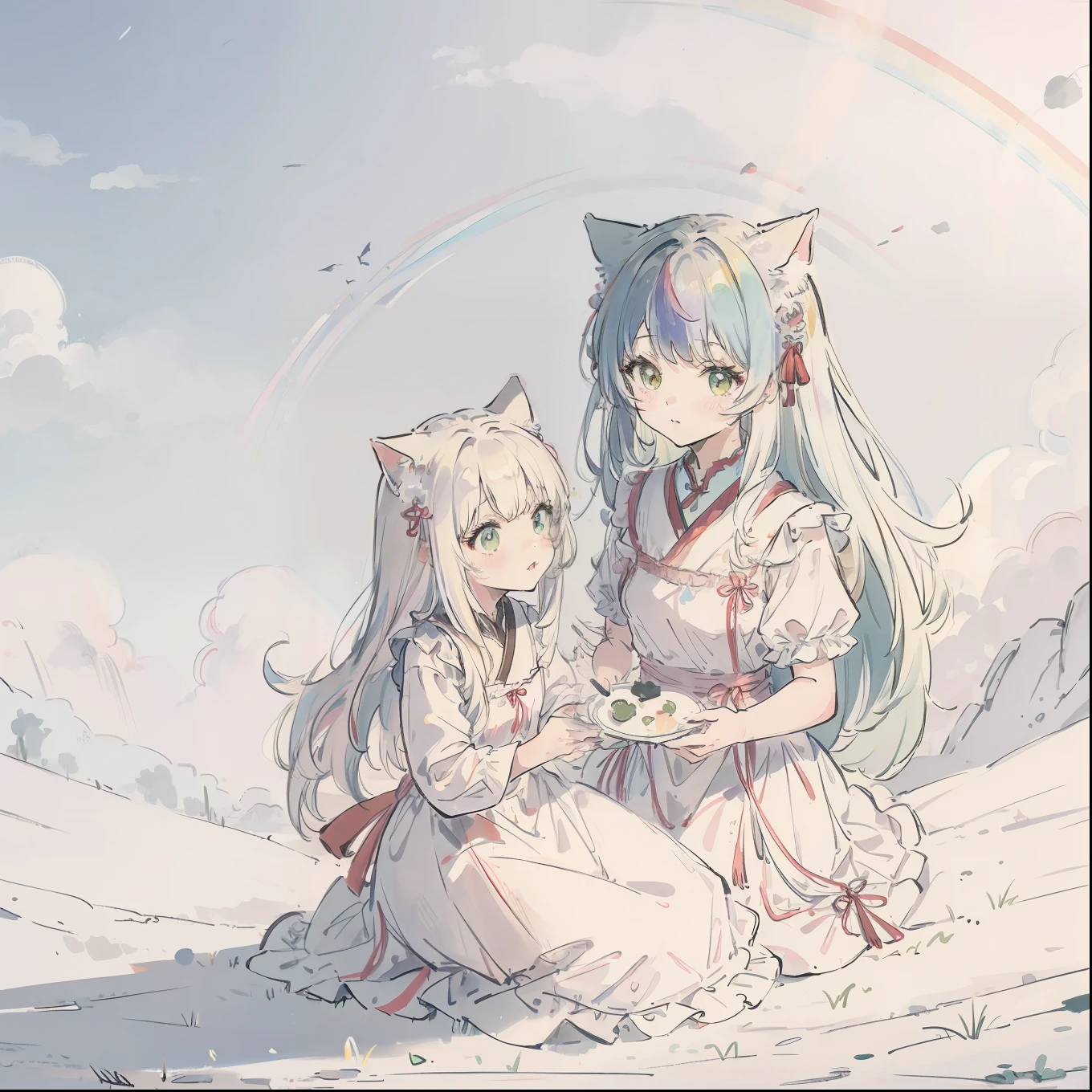 (Best quality1.2、masutepiece)、Take a cute cat、Cute Dresses、White hair(rainbow-colored hair)、