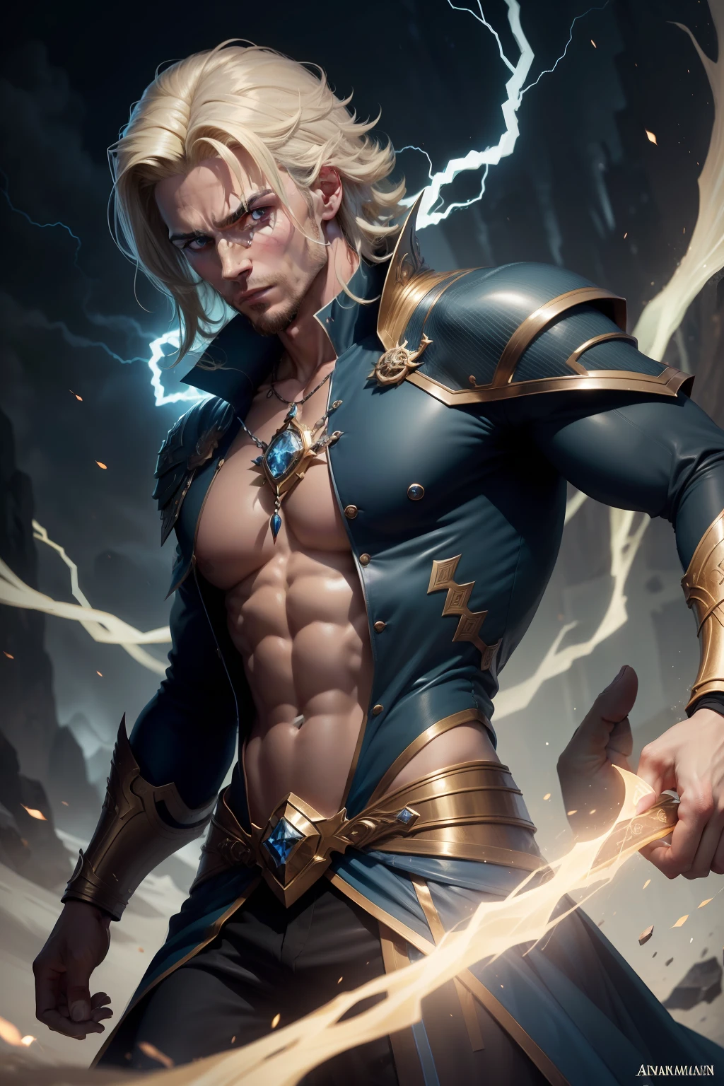 Retrato completo de Electromancer, trending in the artstation, Astri Lohne, Skinny Masculino Fantasia Alquimista, muscular magician man, homem em um casaco azul e camisa branca, portrait of magical blond prince, Muscles, pintado no estilo arcano, cara bonito na arte demon slayer, Retrato completo do elementalista, super high res, melhor qualidade, fotos, 8K, (Realista: 1.2), cinematic lighthing, homens jovens, close-up de um homem em traje de mago, mago, magia, magias, casting spells, varinha, traje de mago, mago, mago, roupa de mago, roupa de mago, roupa de mago, manto, manto azul e dourado, mid hair, loiro, loiro, loiro, blonde hair standing up, cabelo irritado correndo coroa, pessoa real, dynamic pose perspective, dynamic perspective pose, Full-body dynamic posture, pose de garra sul, dynamic motion pose, dynamic pose realistic, dynamic action pose, pose masculina de mago, Releasing Lightning Spell, Lightning Spell in the Hand, perfect dynamic body type, dynamic pose full body, olhos verdes, olhos, olhos verdes emitindo uma luz amarela brilhante, Forest background with rain and lightning falling from the sky, noite, Forest background with rain and lightning falling from the sky, feixes de luz do raio caindo cobrindo seu corpo, white light above the head (aura: 1.2), Muscles, barba, masculino, jovem, luz, obra-prima, melhor qualidade, detalhes intrincados, cristal no fundo, portal futurista, luz 3D, HD, magia, deus da luz, rosto detalhado, coragem, profundidade de campo, soft-lighting, mapeamento de tom, alto detalhe, arte conceitual, suave, foco claro, lighting dramatic, arte altamente detalhada, filme, 8K, incredible shadows (fundo altamente detalhado: 1.2)