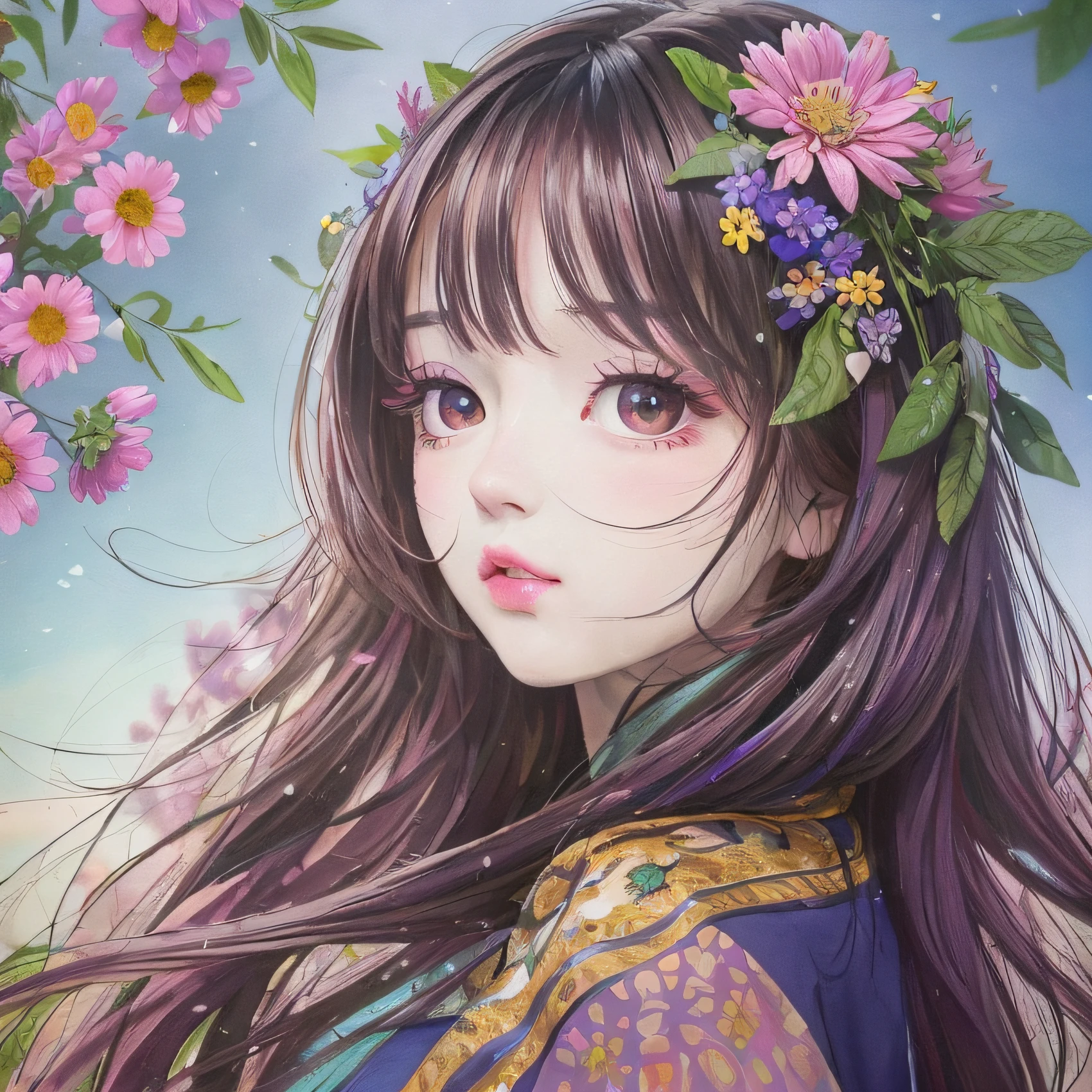 A beautiful woman with open hair, flowers, spring, leaves, colorful, hair flying, colorful hair, lots of flowers, small petals on cheeks, under eyes flowers