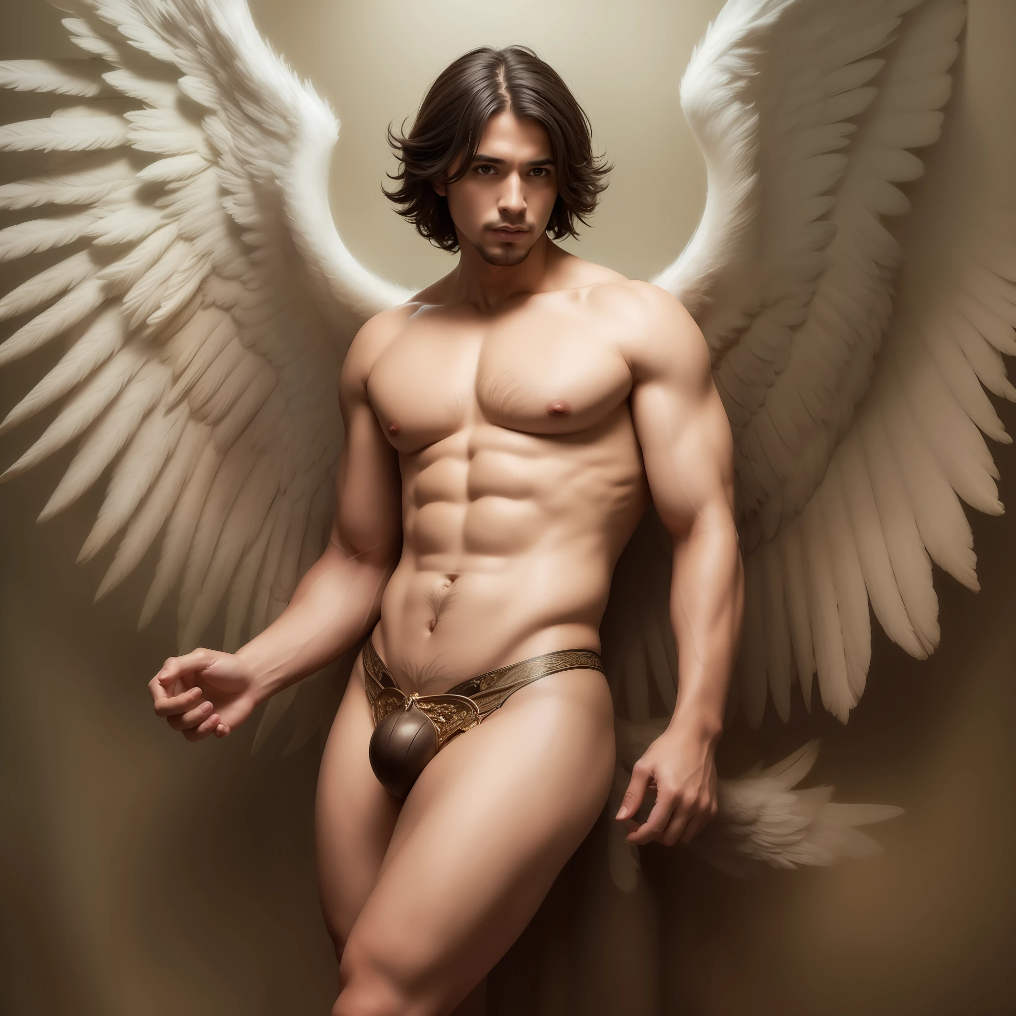 Angel man with wings very large as the body. cuerpo completo. De pie sobre las nuves. Pintura digital
