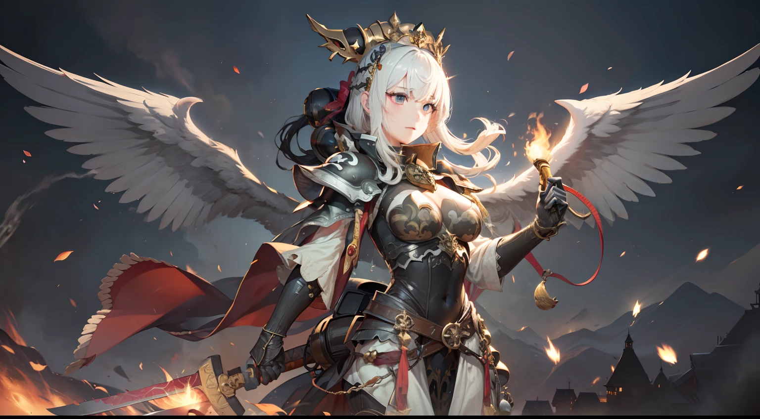 One lady、long hair、Lifelike face、Big Wings of Angels、goddes、Wearing thick armor、Big castle、Burning Palace、Cinematic lighting、Textured skin、goddes、full bodyesbian、With a sword in one hand、Long sword、standing and looking at viewers、various burning chains around her、((detailed flawless face)))、beautidful eyes、Beautiful expression、Tall body、pink back ground、BREAK burning aura、Dazzling pink sparks、detaileds、realisitic、4K highly detailed digital art、octan render、bio luminescent、Break 8K resolution concept art、真实感、Studio Mapper、​masterpiece、top-quality、Official art、illustratio、ligne claire、(Cool_Color)、perfect-composition、Fantasia、thirds rule、MARVEL