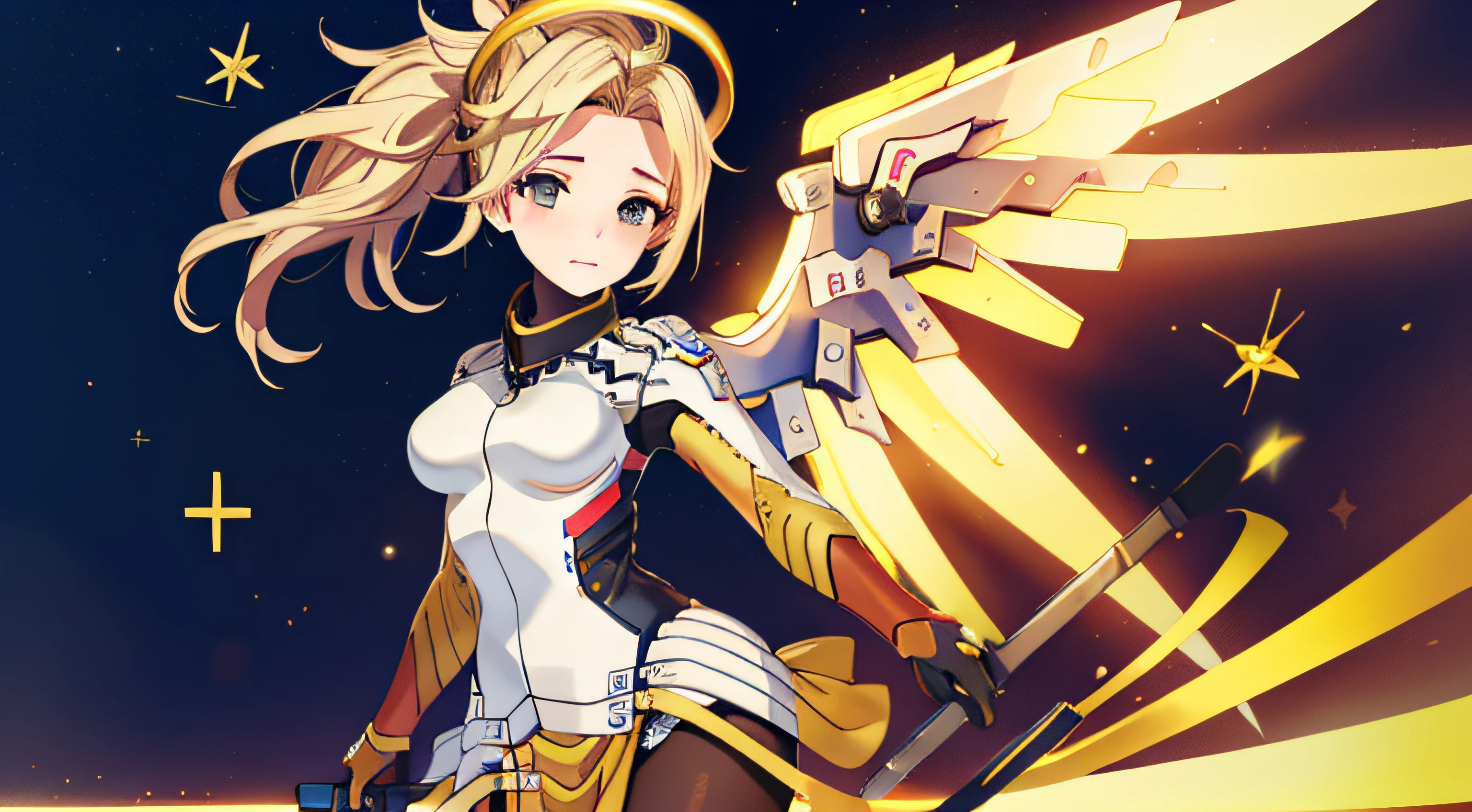 (obra-prima, melhor qualidade), detalhes intrincados,
1girl, 1girl, sozinho, mercy (Overwatch), mechanical halo, seios, olhos azuis, cabelo loiro, panthyhose, mechanical wings, asas, halo, segurando, coelhinho, Tiroteio de Cowboy, Asas amarelas, brown pantyhose, , Luvas, pelvis curtain, luvas pretas,tamanho do papel de parede 4k,Cara Sexy ,neon lights