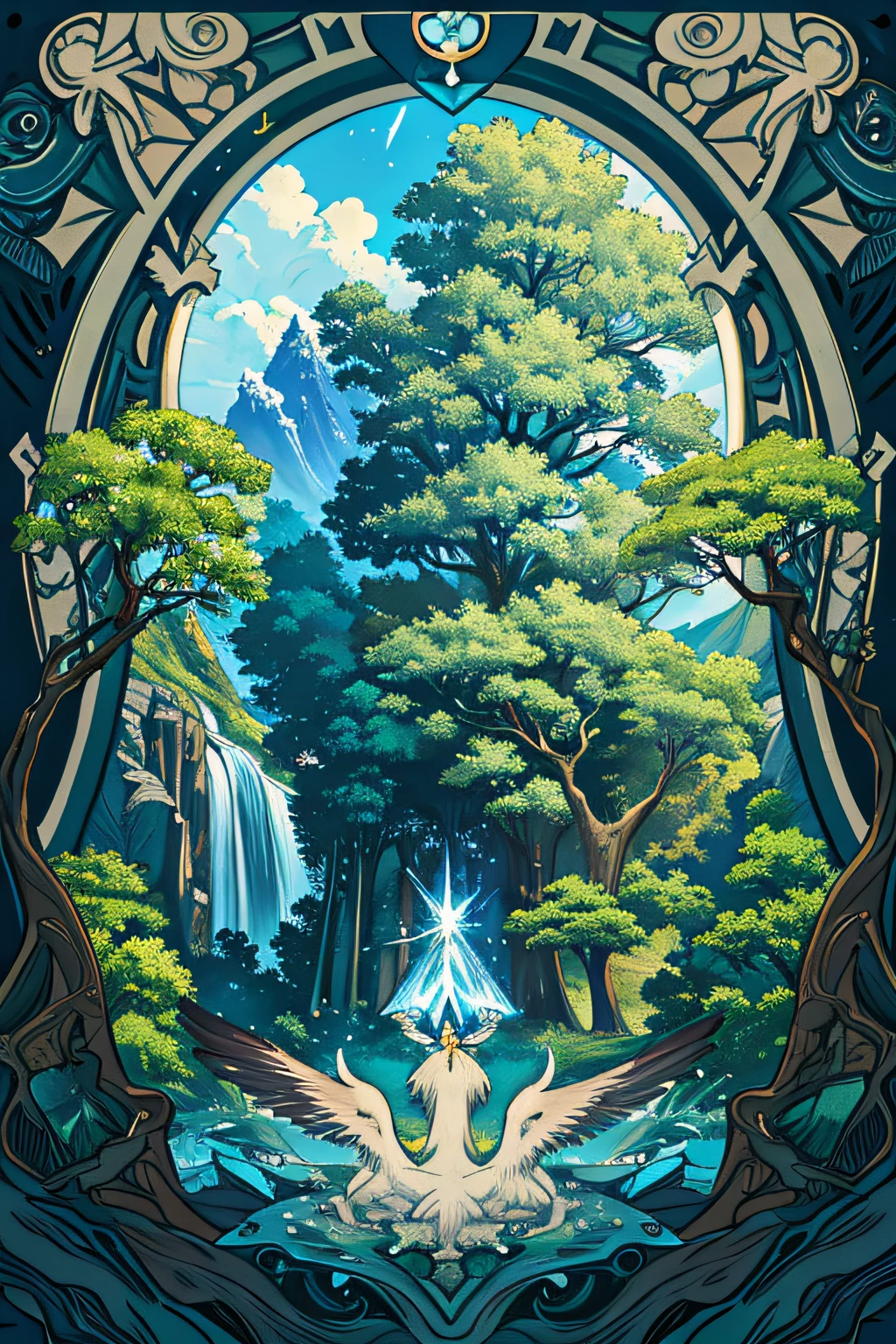 Illustration of a hyper-realistic ultra-sky scene, de otro mundo, which features a giant full-bodied crystal tree, donde una chica gato de pelo rosa esta sentada adentro del arbol, Very detailed and magical lighting, detalles intrincados del bosque, vegetation and river around, solarpunk, paisaje, giant tree, Beautiful leafy with beautiful lighting and realistic proportions, as if it were a cinematic background, 8k, sthe highest qualit, una obra maestra, nubes y estrellas en el cielo.