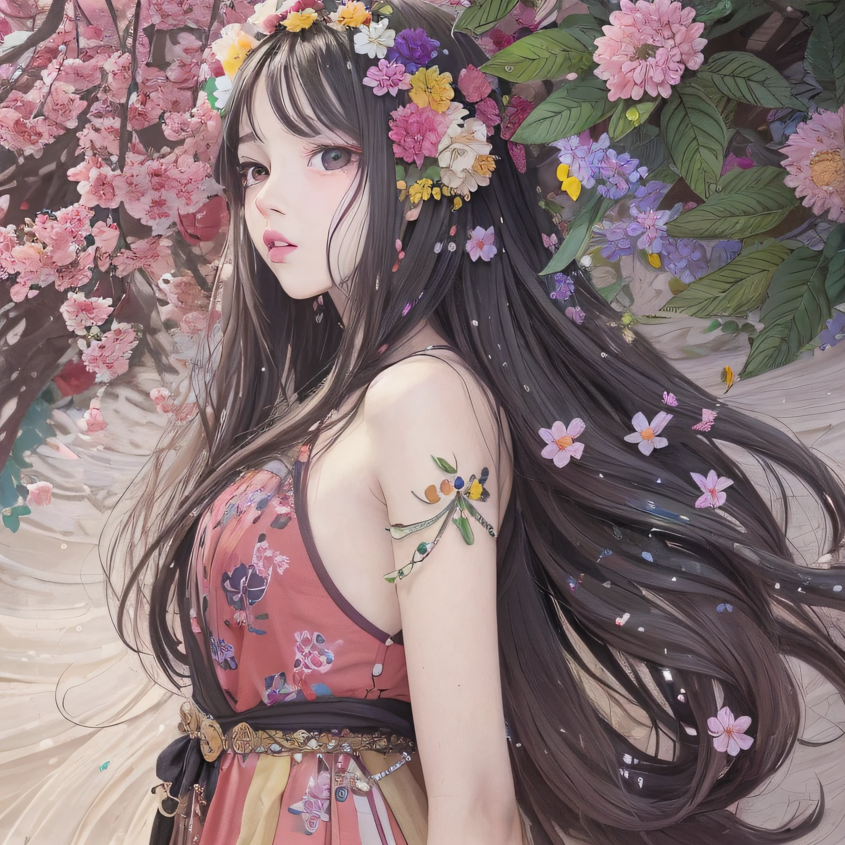 A beautiful woman with open hair, flowers, spring, leaves, colorful, hair flying, colorful hair, lots of flowers, small petals on cheeks, under eyes flowers