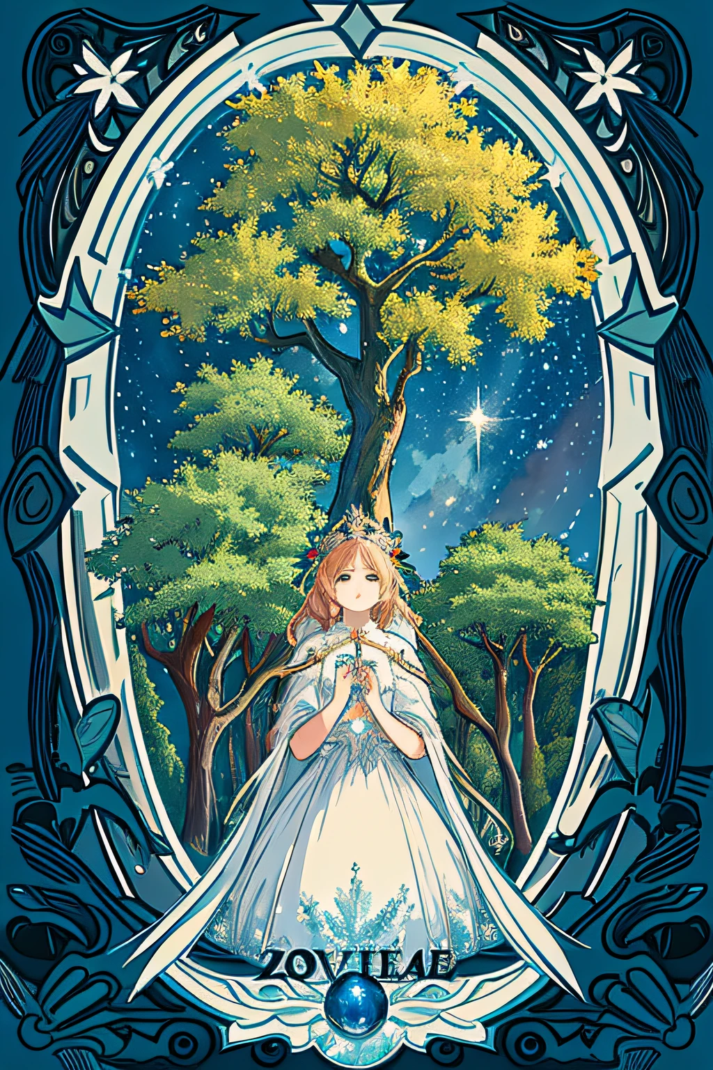 Illustration of a hyper-realistic ultra-sky scene, de otro mundo, which features a giant full-bodied crystal tree, donde una chica gato de pelo rosa esta sentada adentro del arbol, Very detailed and magical lighting, detalles intrincados del bosque, vegetation and river around, solarpunk, paisaje, giant tree, Beautiful leafy with beautiful lighting and realistic proportions, as if it were a cinematic background, 8k, sthe highest qualit, una obra maestra, nubes y estrellas en el cielo.