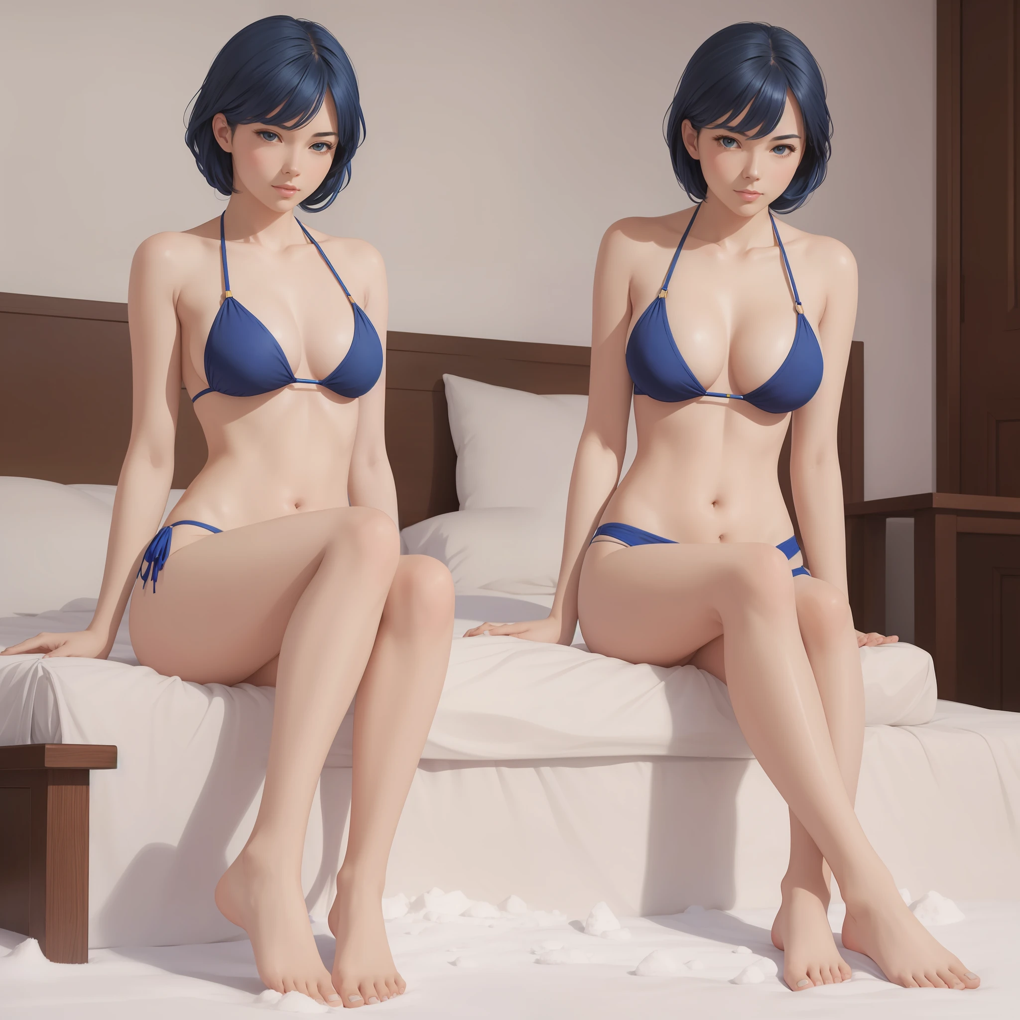 Best quality realism, realistic photorealistic masterpiece, high resolution, sitting on the bed, feet up, soles, solo, full body, blue hair, black bikini, large cutout perspective, beautiful and delicate face, snow white skin, slim body (small breast)