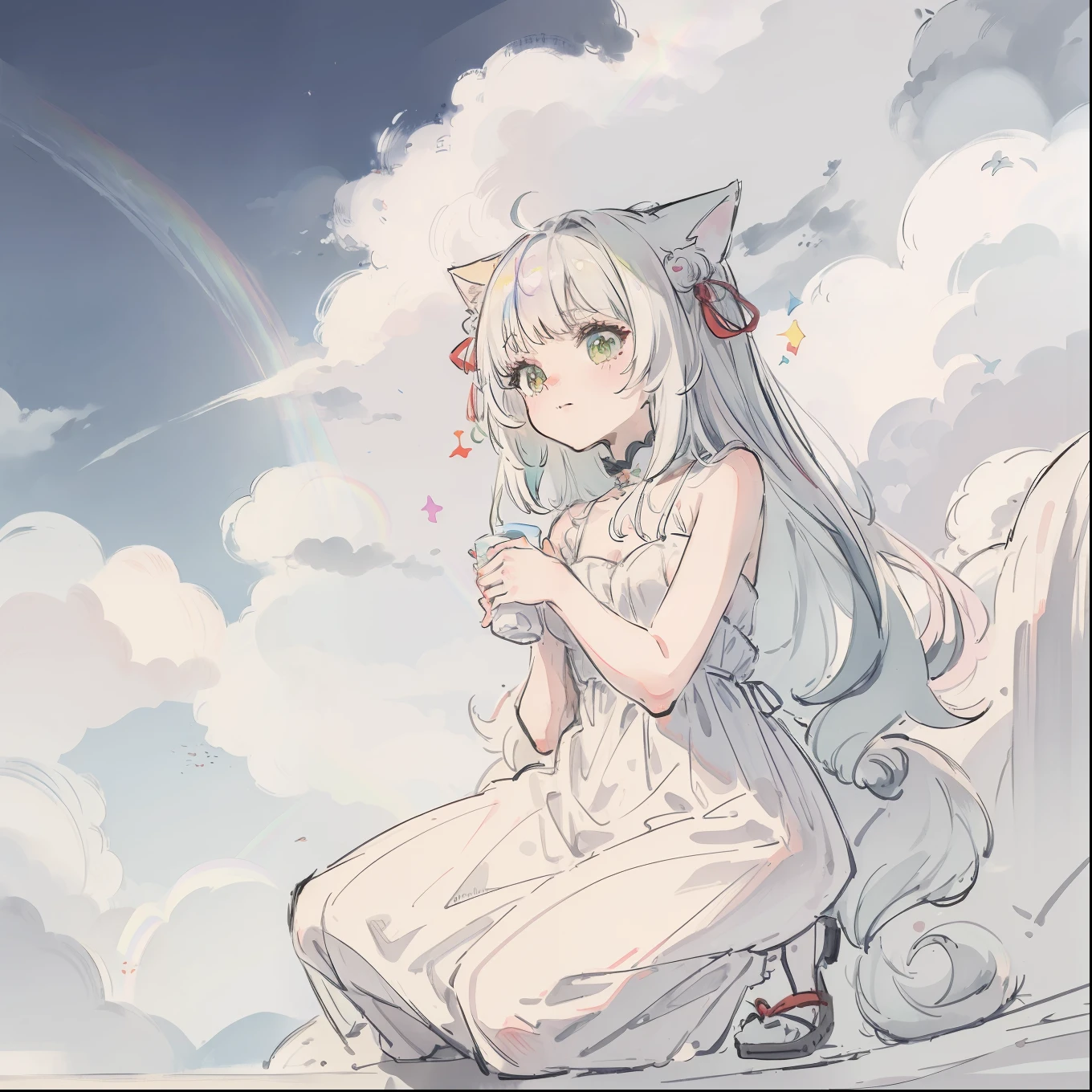 (Best quality1.2、masutepiece)、Take a cute cat、Cute Dresses、White hair(rainbow-colored hair)、