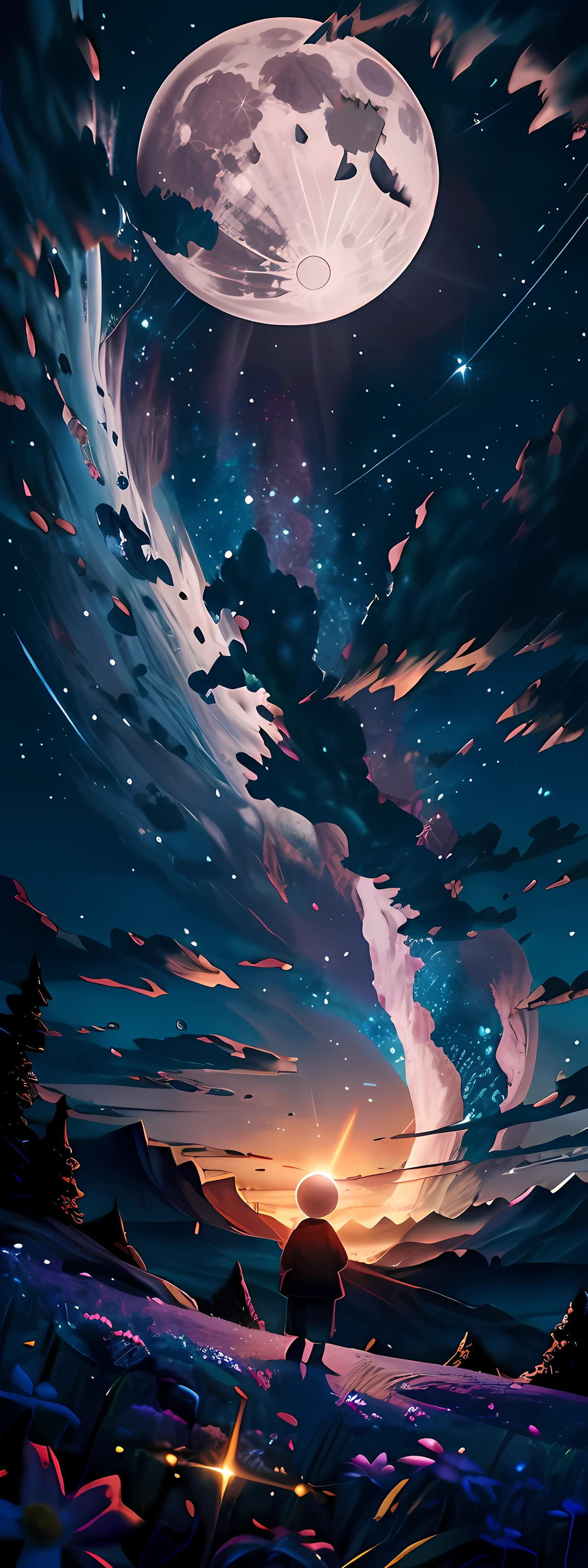 Expansive landscape photograph, (view from below with a view of the sky and the wilderness below), little girl standing in a flower field looking up, (full moon: 1.2), (shooting star: 0.9), (nebula: 1.3), distant mountain, tree break production art, (warm light source: 1.2), (firefly: 1.2), lamp, purple and orange, intricate detail, volume lighting BREAK (masterpiece: 1.2), (highest quality ), 4k, ultra-detailed, (dynamic configuration: 1.4), highly detailed and colorful details (iridescent: 1.2), (sparkling lighting, atmospheric lighting), dreamy, magical, (solo: 1.2)