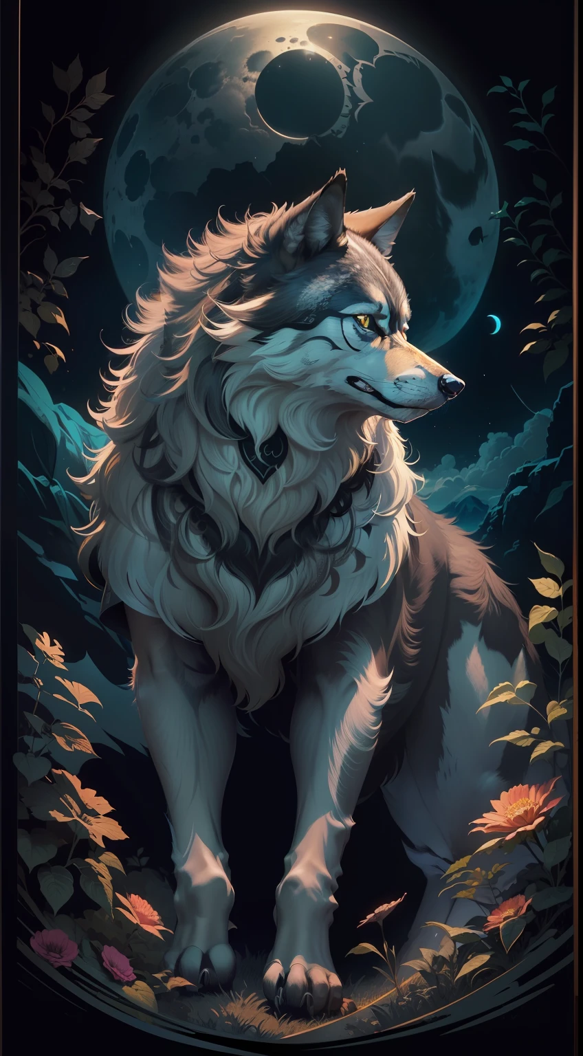 t-shirt art, 2D, ((black background :1, 5)), vector, vivid colors, wolf, masterpiece, best quality, intricate details, realistic details, rim light, moonlight, cinematic shading, Jim Lee