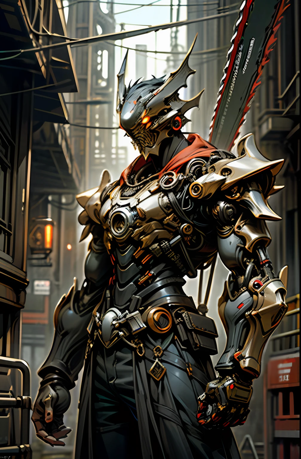 Dark_Fantasy,Cyberpunk,(chain saw,chain saw man,Red:1.1),1man,dragon marvel,scale presence,Cybernetic guardian, wearing a worn-out armor, intricate, (steel metal [rusty]), elegant, clear focus, shot by greg rutkowski, soft lighting, vibrant colors, masterpiece, ((street)), cowboy shot, dynamic pose,