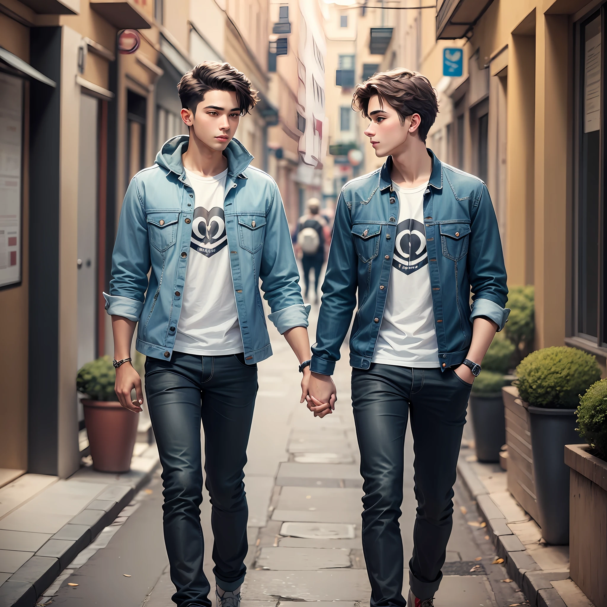 two young men in love walking together hand in hand --auto --s2