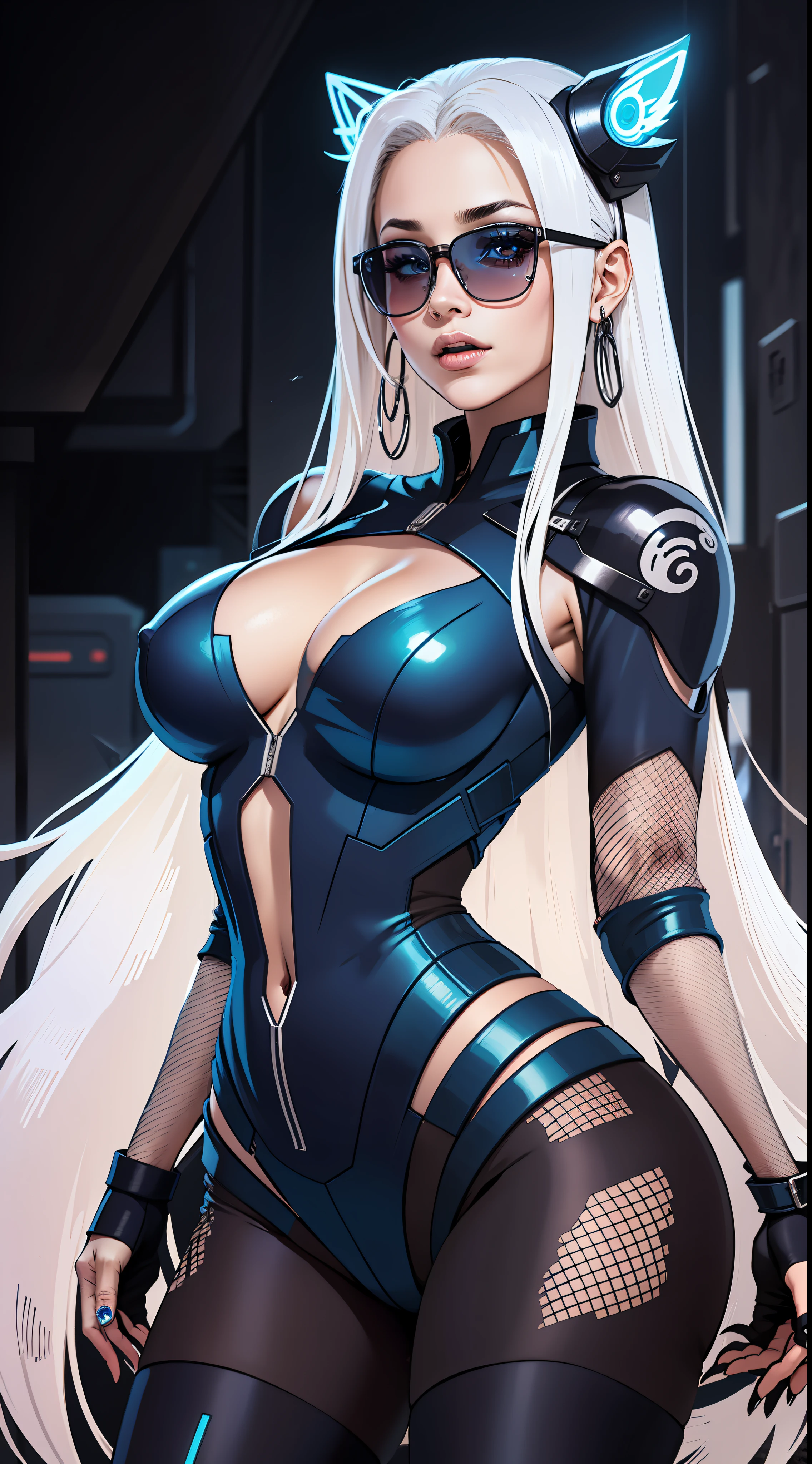 Uma mulher bela e sexy do mal, with long white hair that imposes a majestic figure, que possui um corpo muito sexy, Dressed in futuristic cyberpunk armor that glows with shades of silver and electric blue. Ela tem olhos azuis que brilham com energia temporal, has hourglass symbols on his arms symbolizing the weaving of time in his hands.