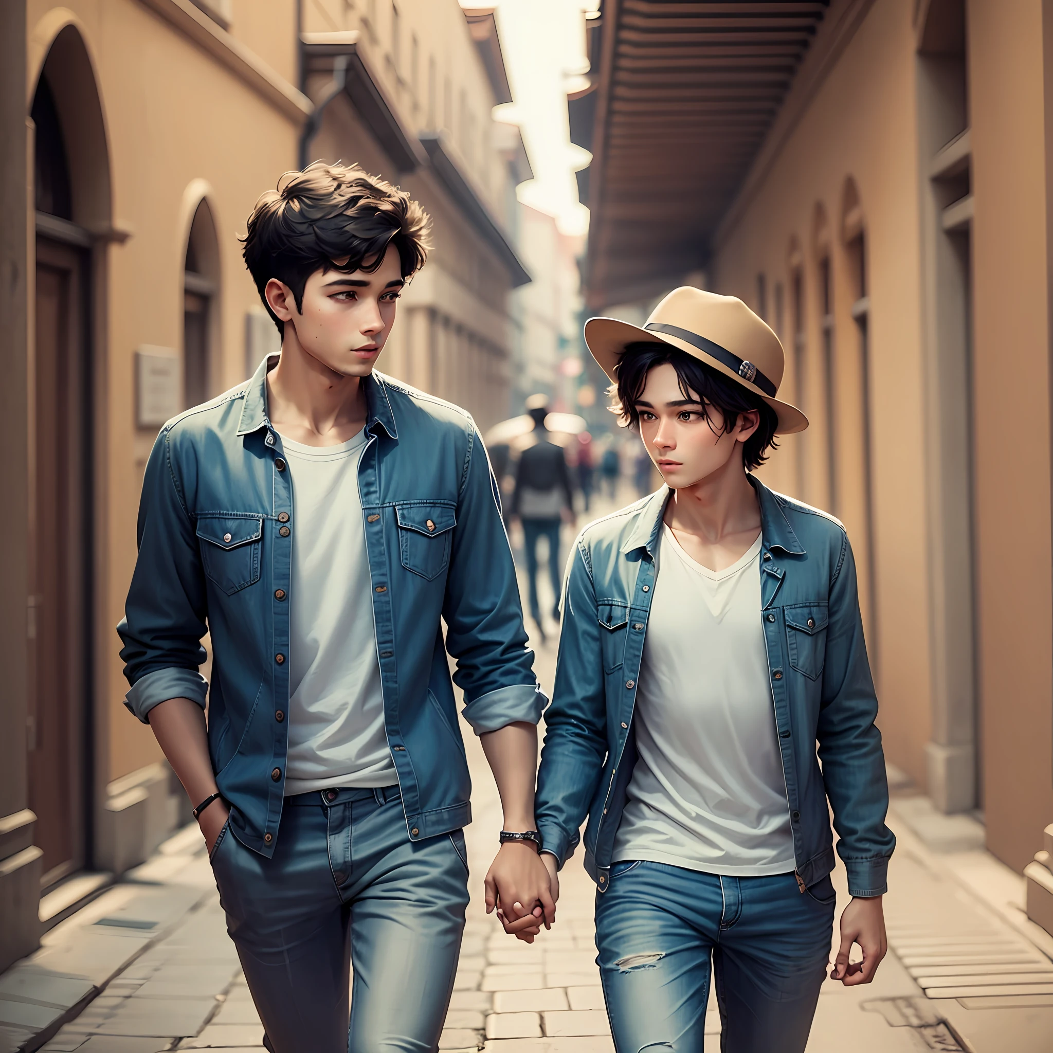 two young men in love walking together hand in hand --auto --s2