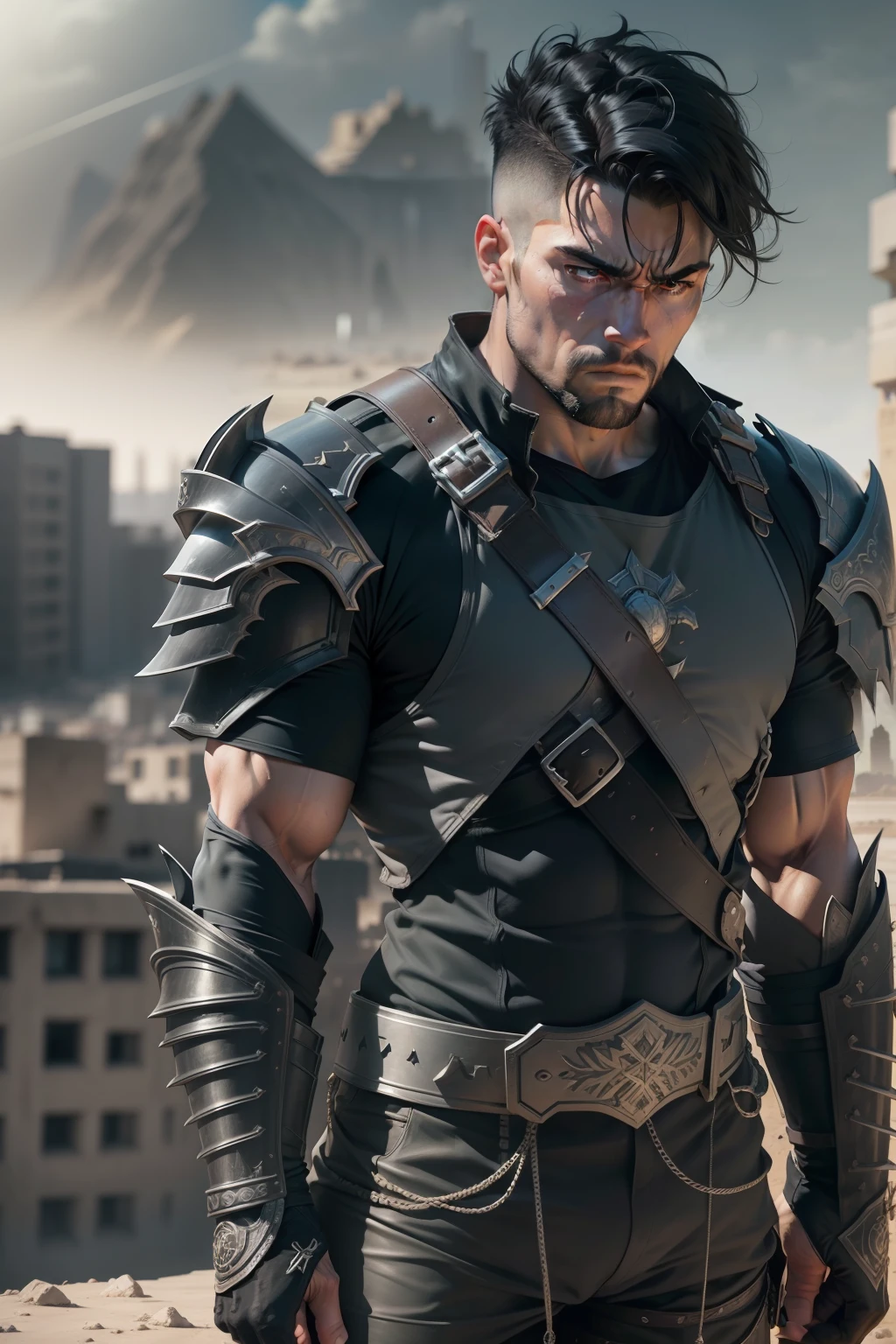 realistic image of strong man, 26 years old, short black hair, brushed to the side, devastated expression, dressed in black rpg warrior attire with silver shoulder pads, standing on top of a building in a drab desert city